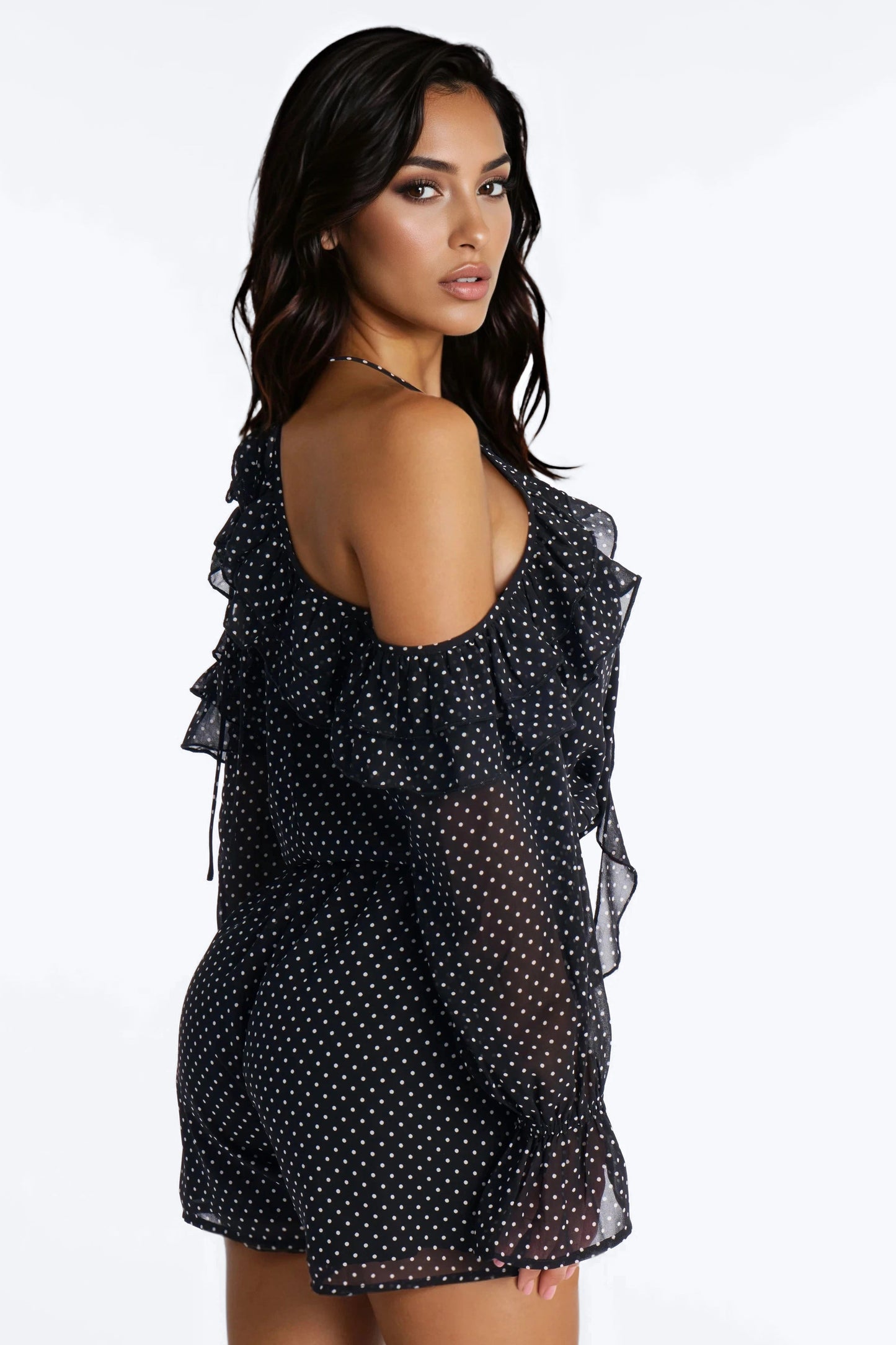 Rhia Polka Dot Chiffon Romper - Black