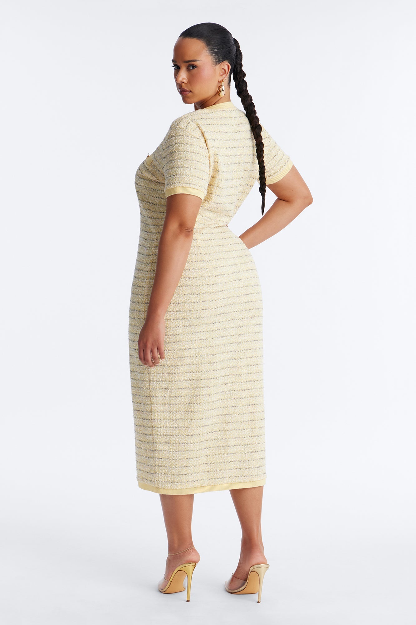 Kelsey Button Up Tweed Midi Dress - Yellow