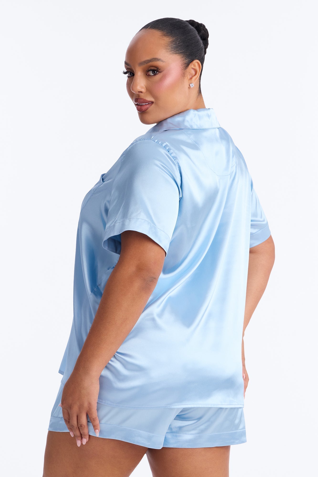 Pillow Fight Stretch Satin PJ Short Set - Light Blue Fashion Nova