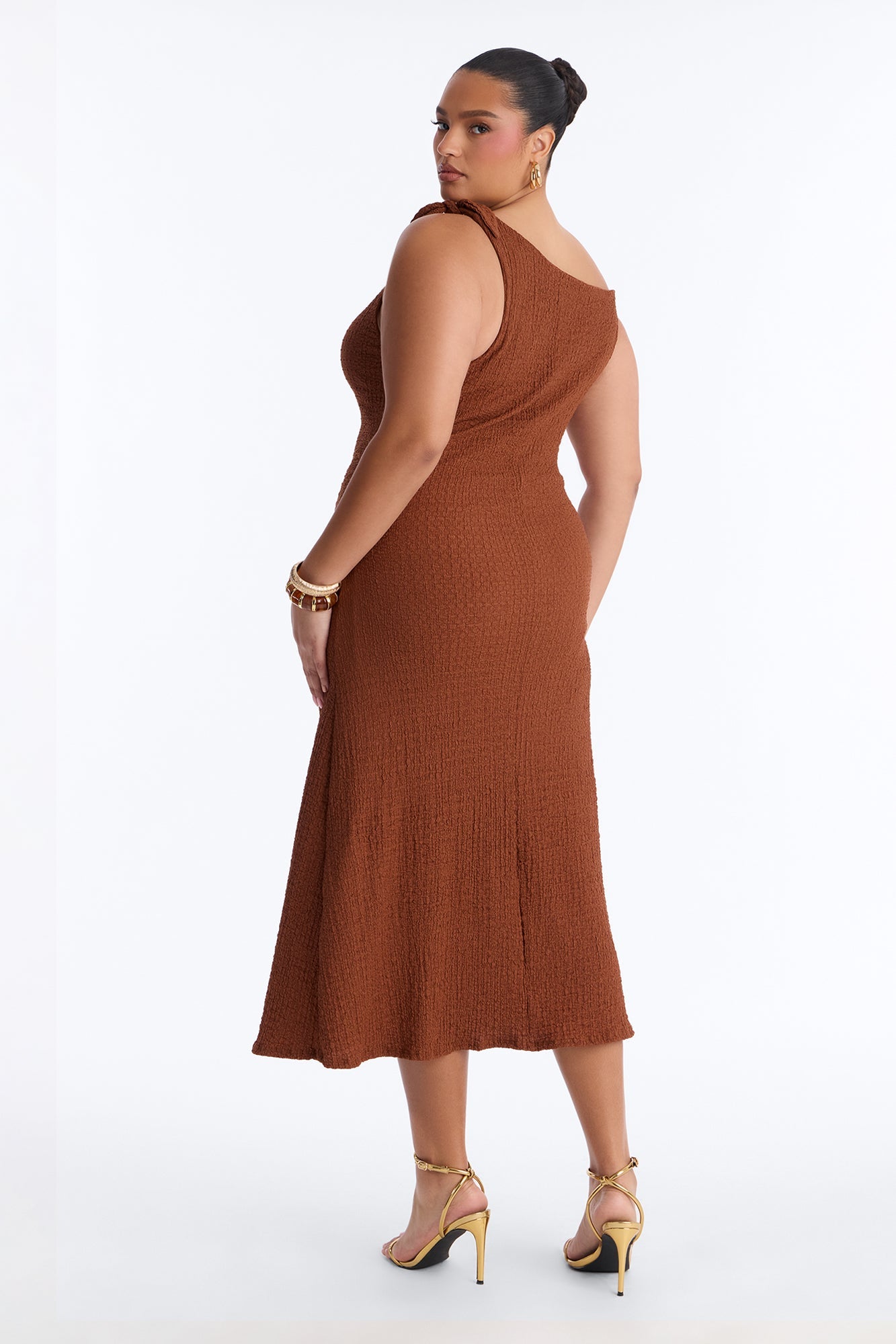 Crystal One Shoulder Textured Midi Dress - Chocolate
