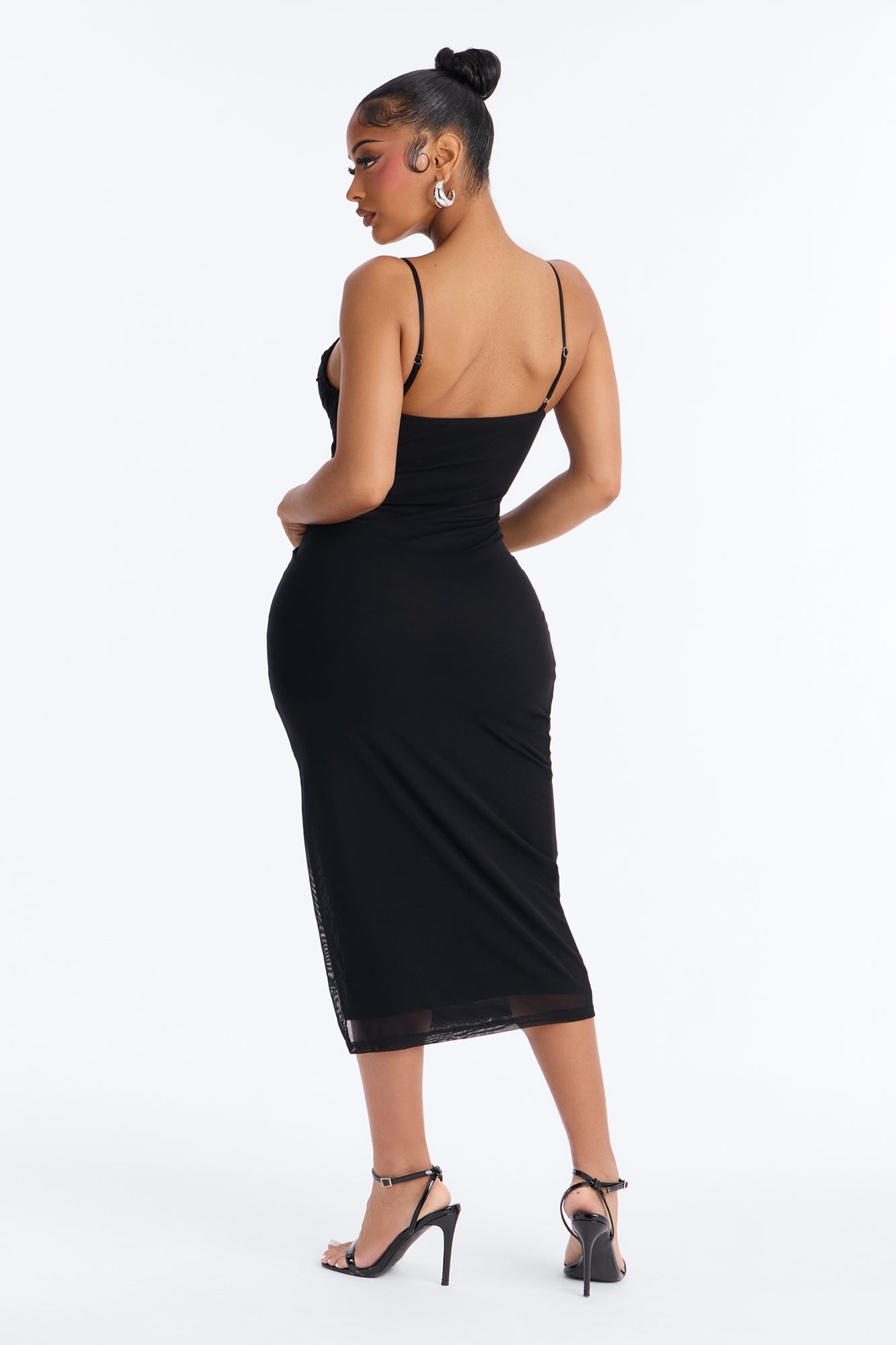 Megan Ruched Mesh Midi Dress - Black