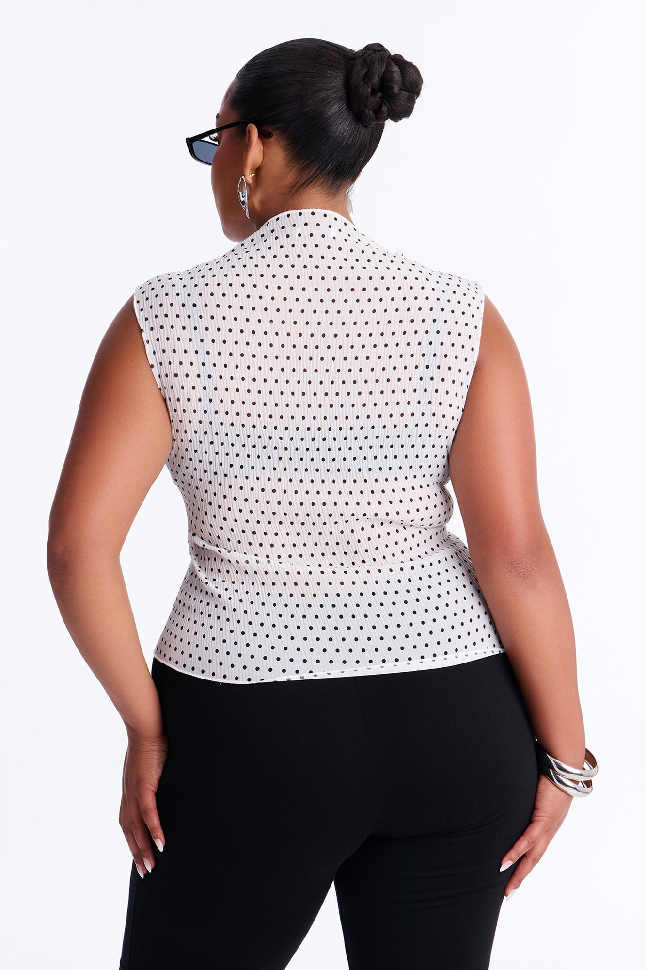 Into Paradise Mock Neck Polka Dot Plisse Top - White/combo Fashion Nova