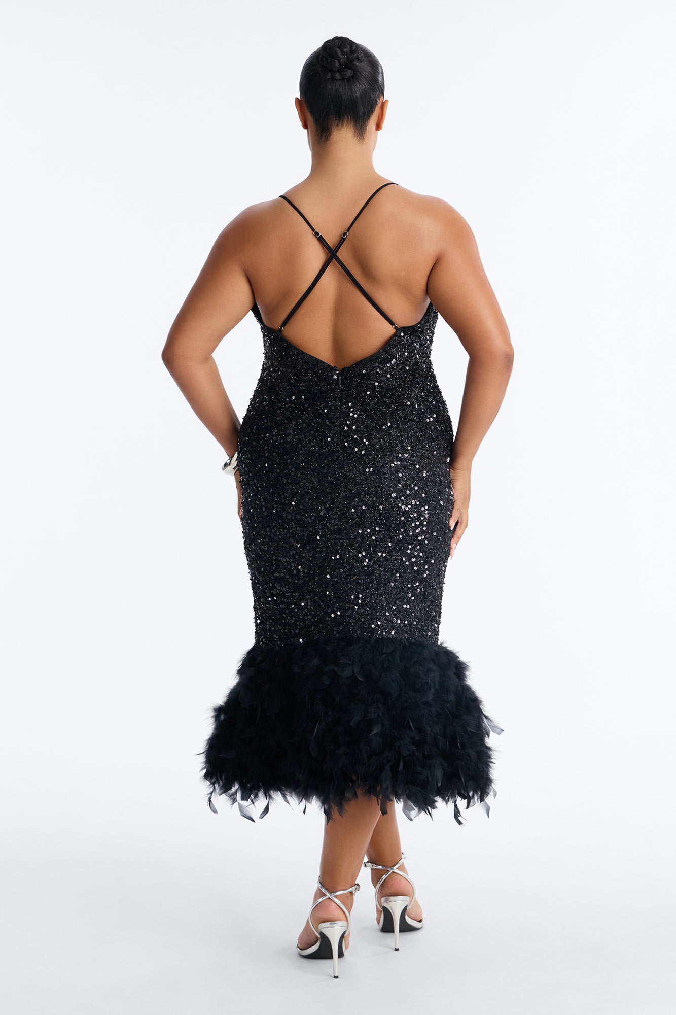 Zoey Feathered Sequin Midi Dress - Black