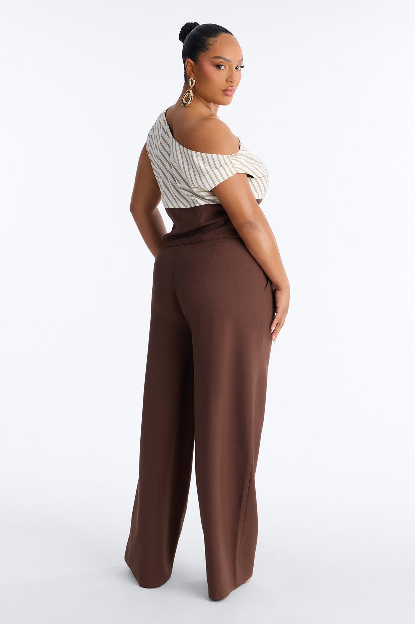 Georgia Striped Off The Shoulder Pant Set - Brown