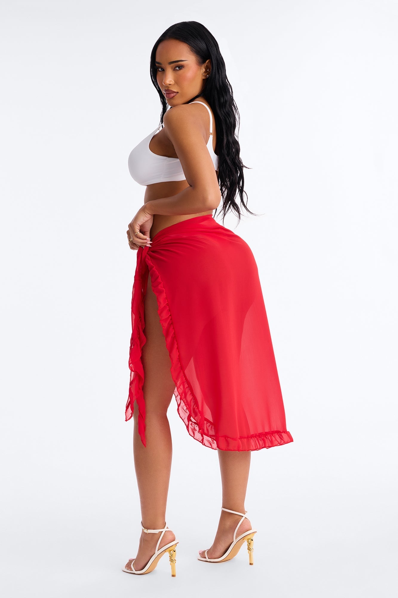 Beach Vibes Maxi Ruffle Trim Waist Tie Swim Cover Up Sarong - Red Fashion Nova
