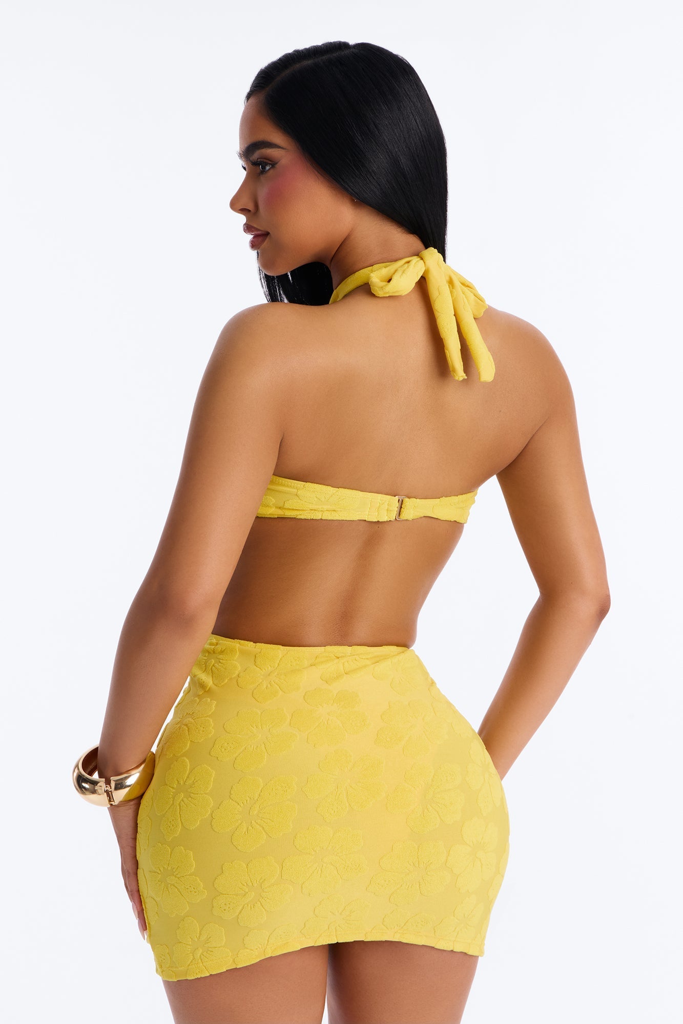 Coconut Drip Textured Hibiscus 3 Piece Bikini Skirt Set - Yellow Fashion Nova