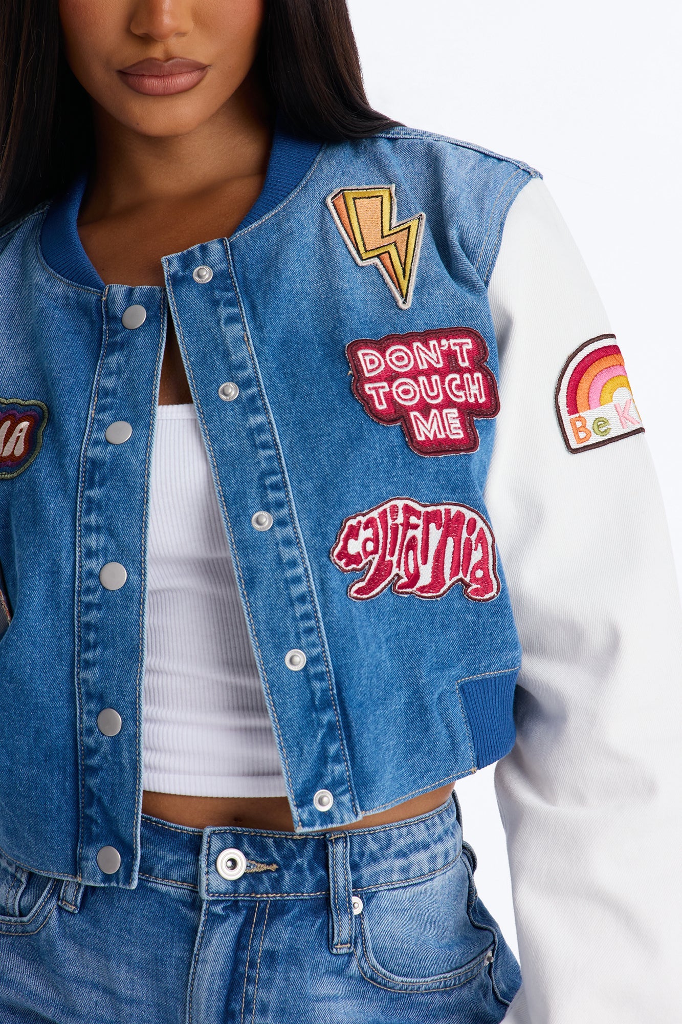 Golden State Cutie Patch Denim Bomber Jacket - Medium Wash