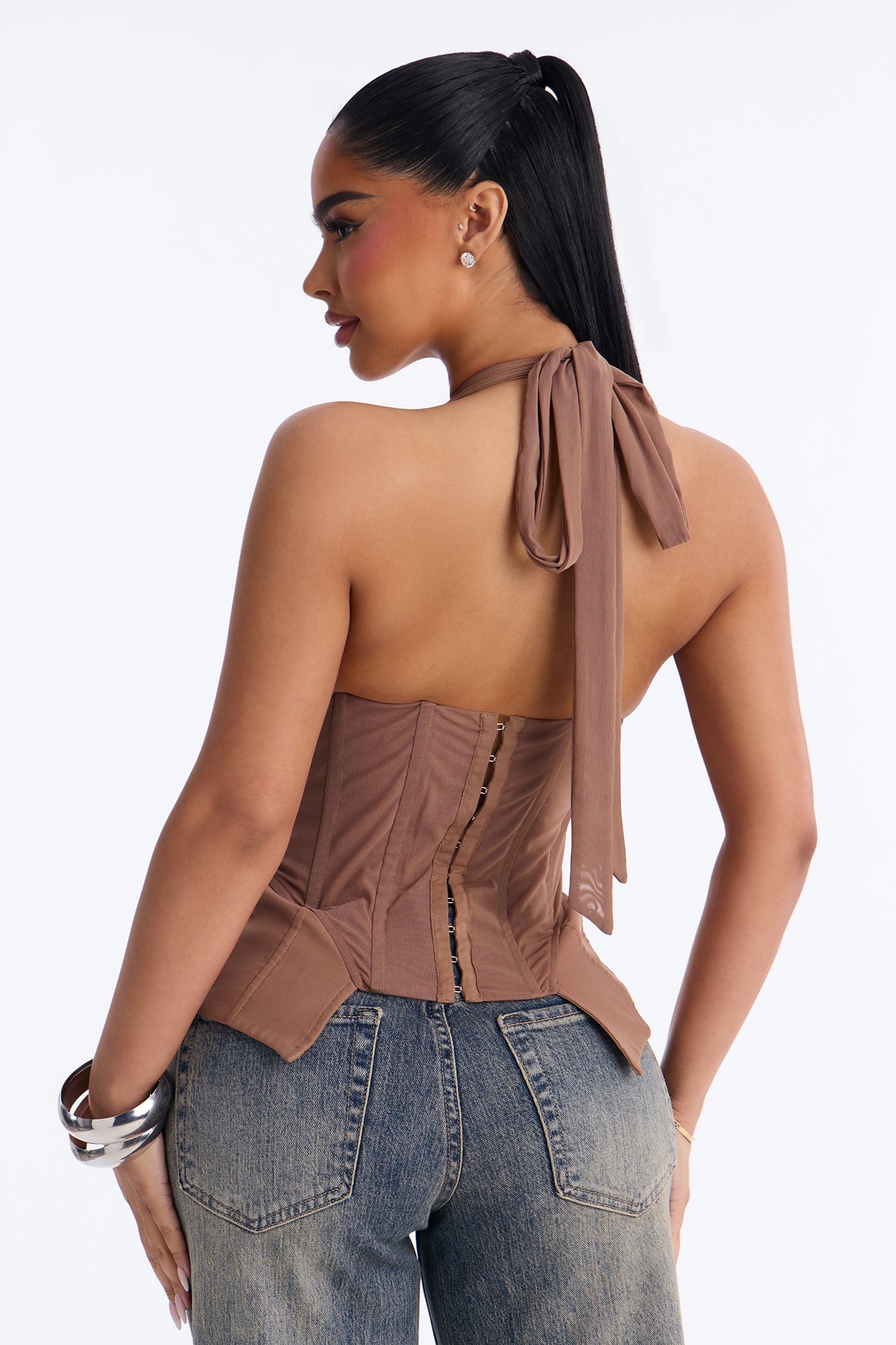 Ate Down Mesh Lace Up Corset Halter Top - Mocha