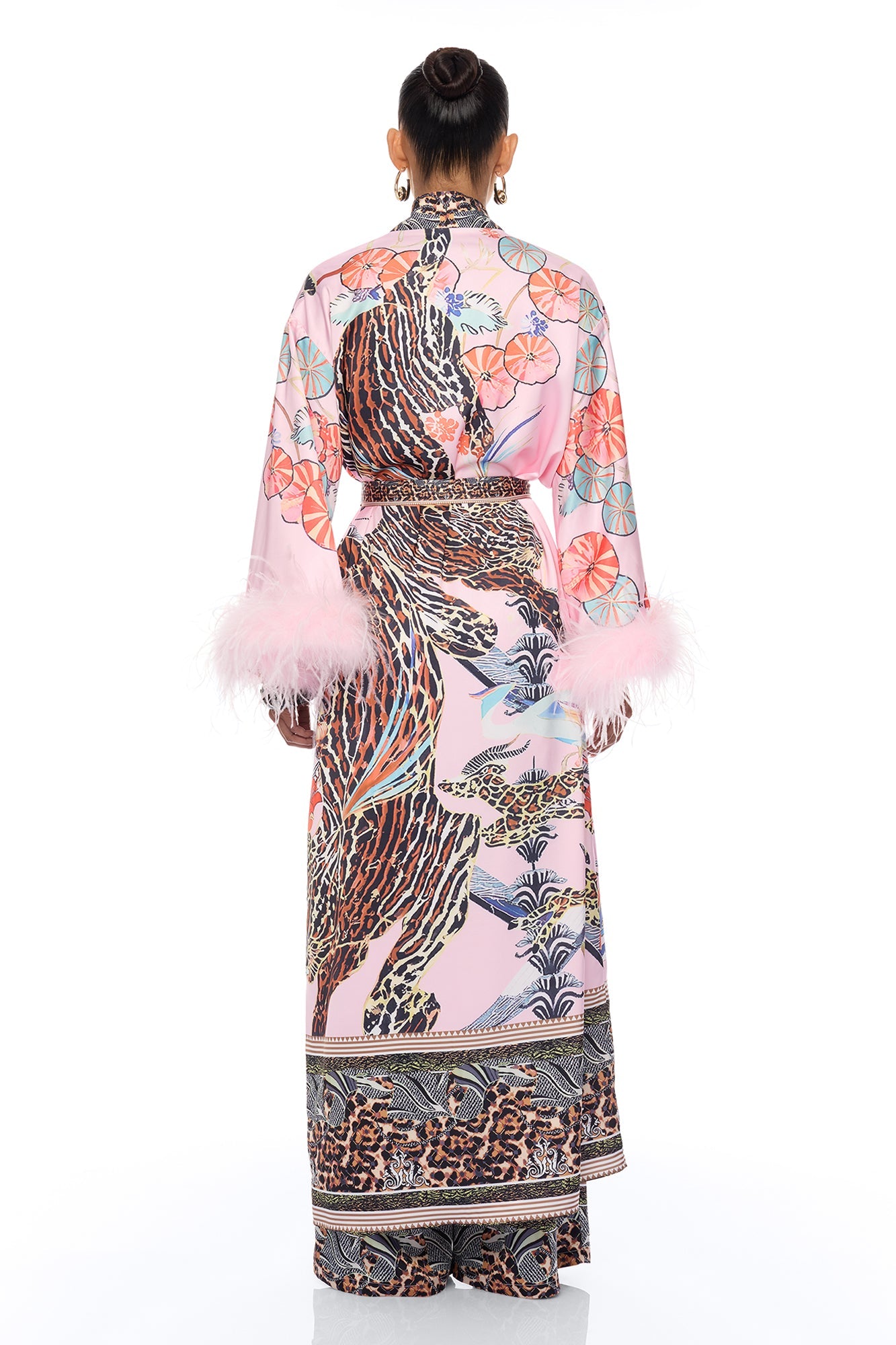 Luxe Lifestyle Feathered 3 Piece Satin Pant Set - Pink/combo