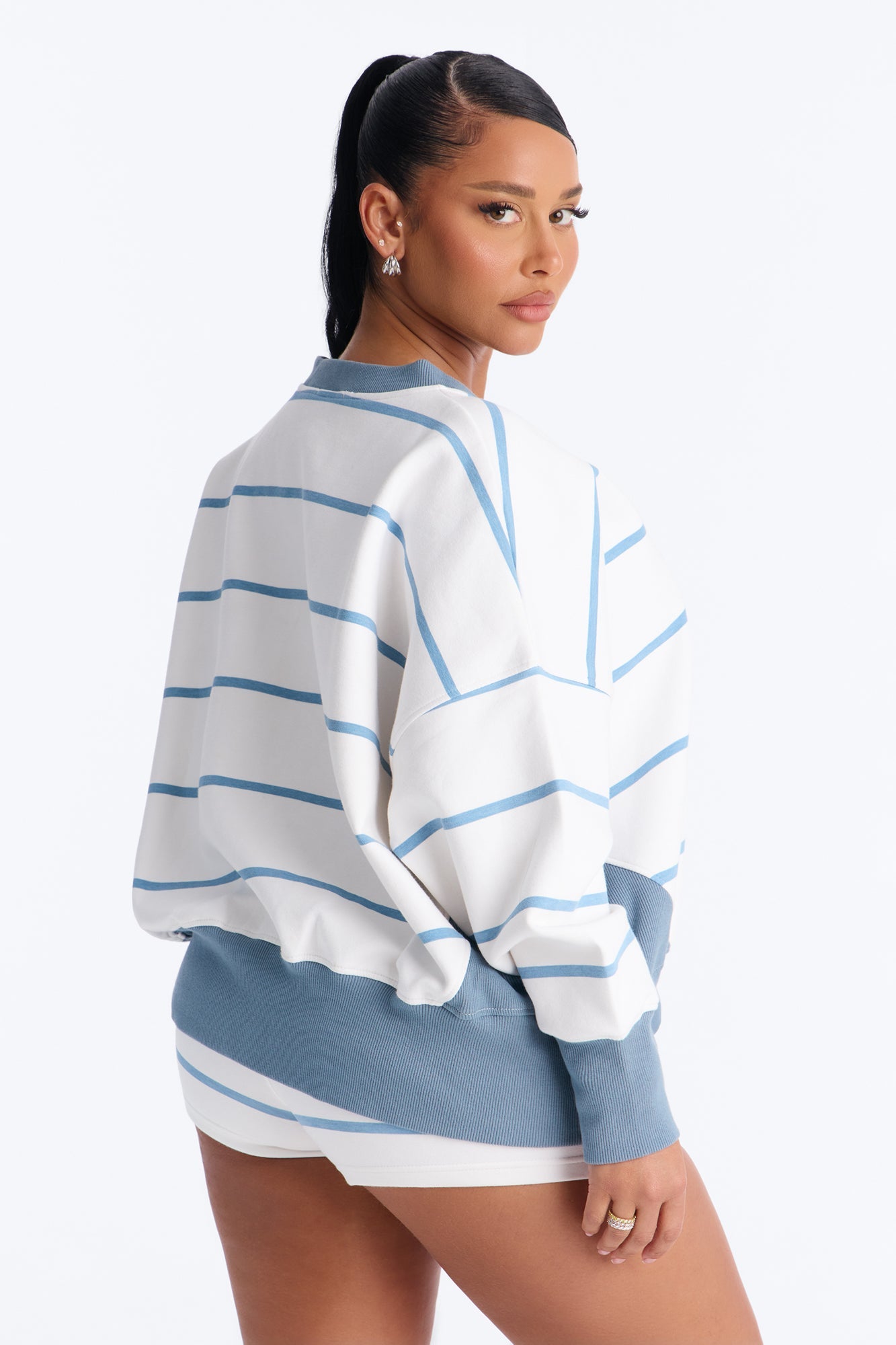 Ellie Striped Fold Over Micro Short Set - White/Blue