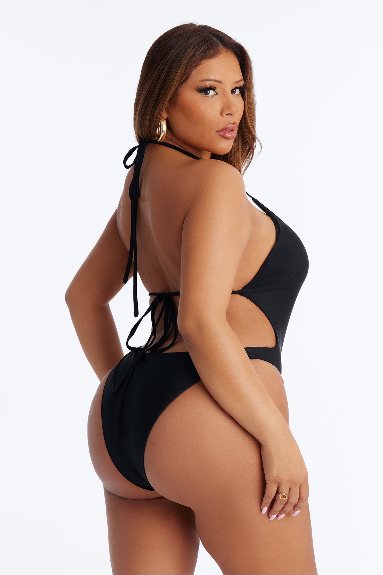 Miami Beat Studded 1 Piece Halter Cut Out Swimsuit - Black