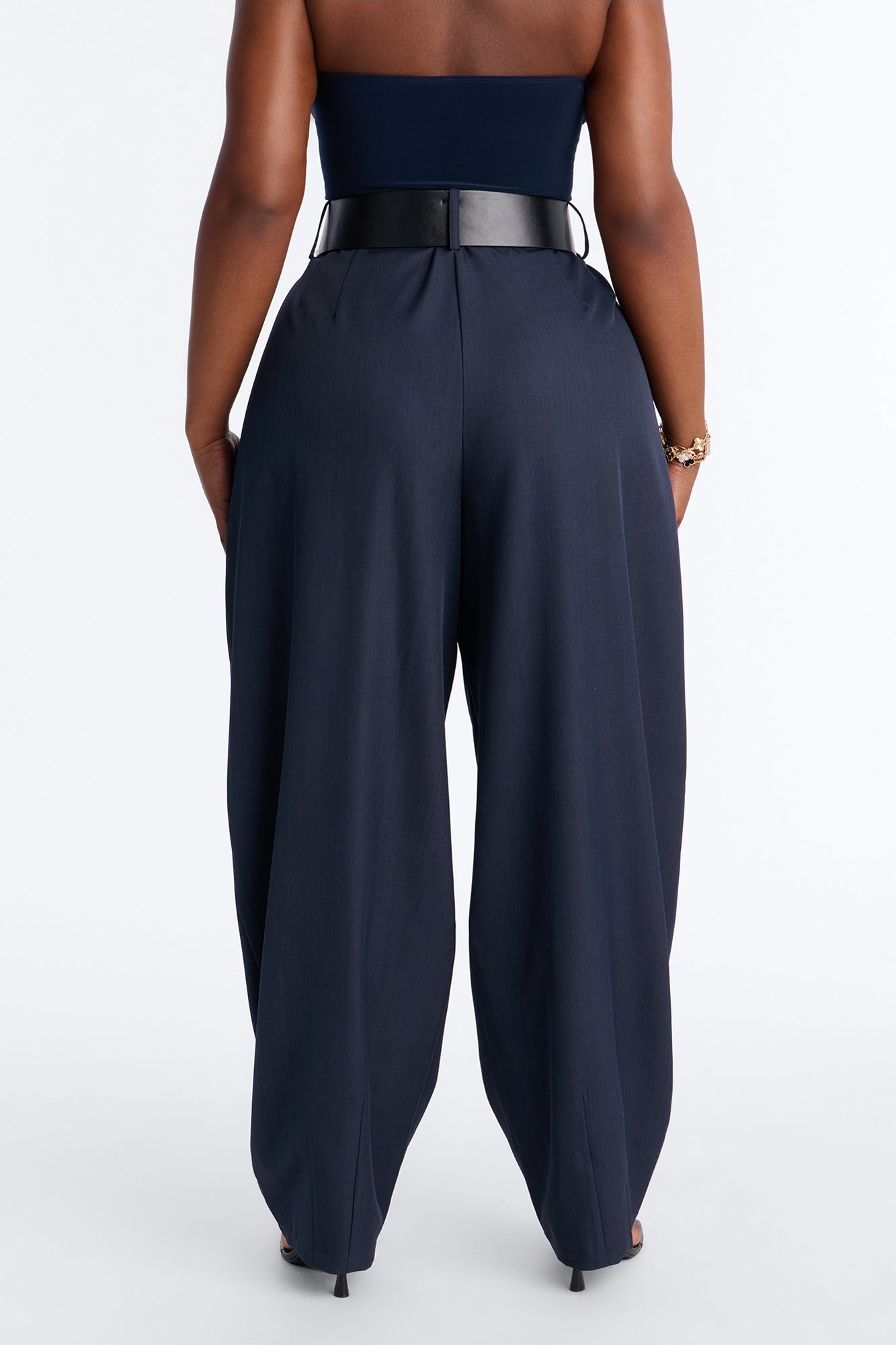 Rebecca Belted Barrel Trouser Pants - Navy