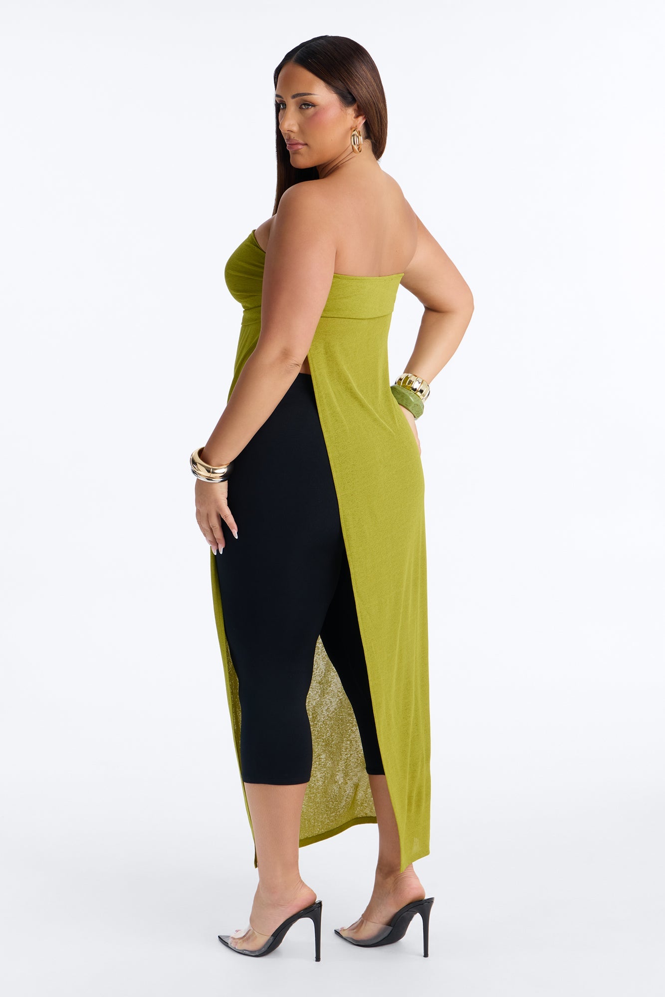Tropical Drift Long Ruched Cut Out Tube Top - Chartreuse