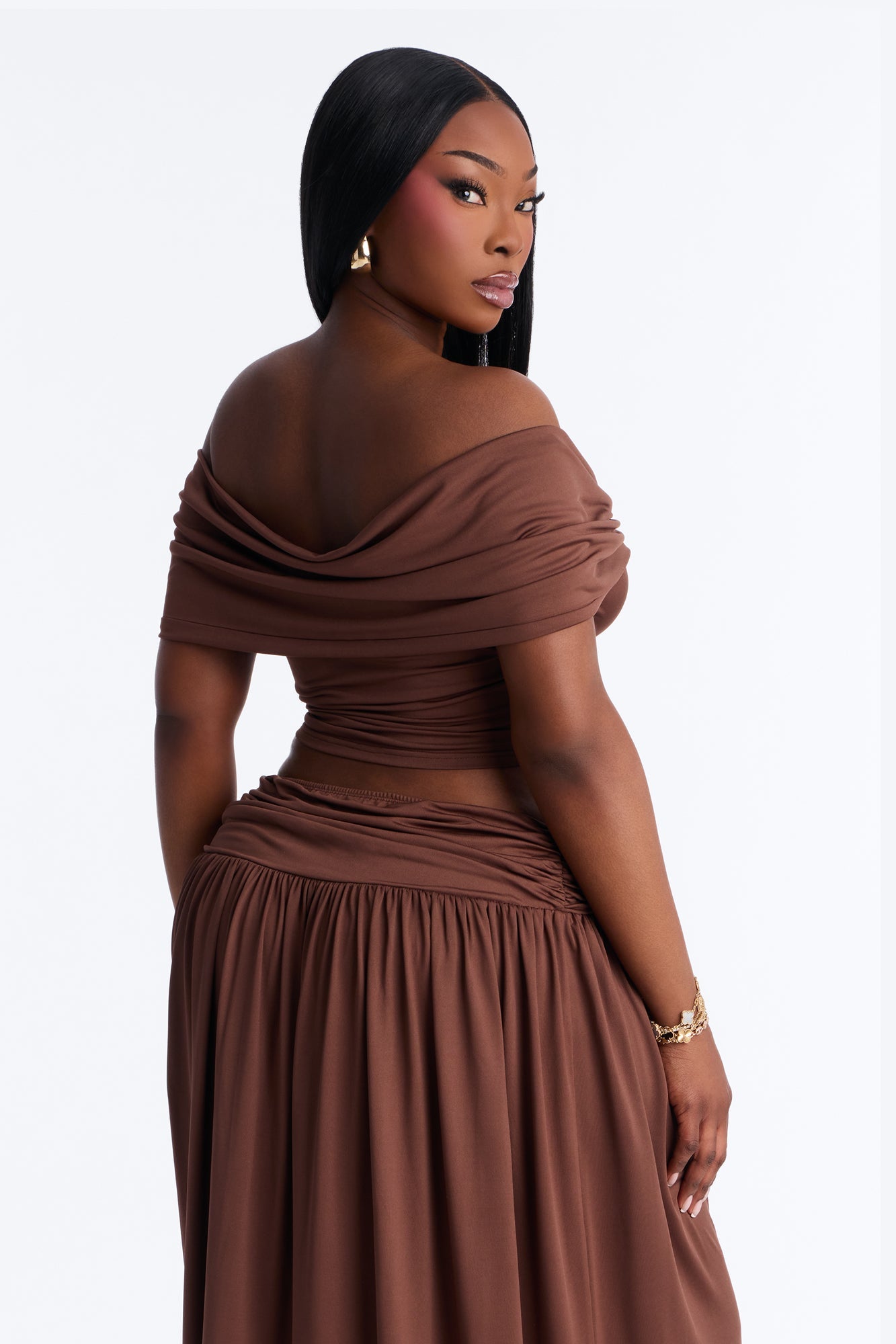Rae Ruched Off The Shoulder Knit Top - Chocolate