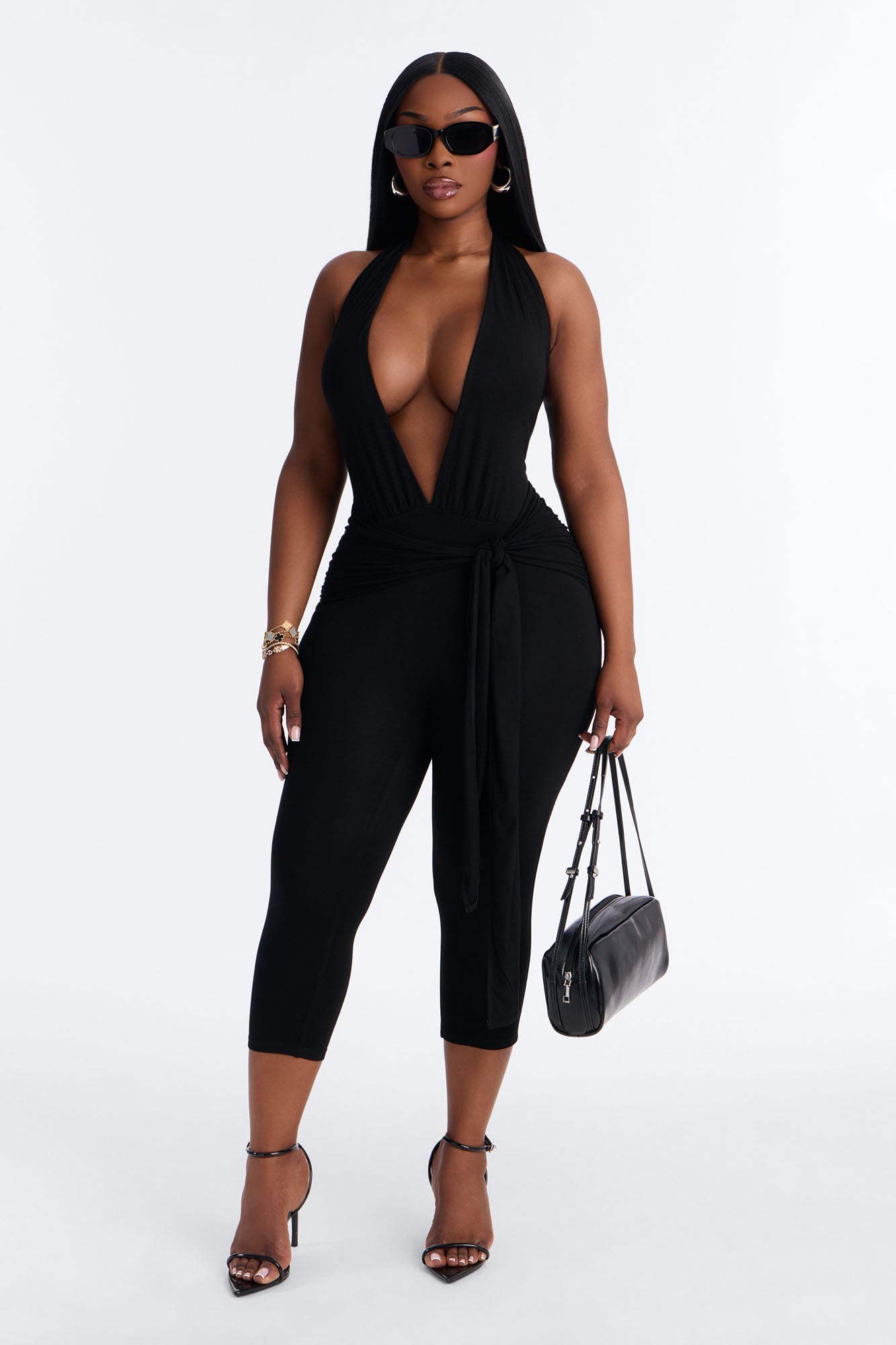 Karla Plunge Capri Catsuit - Black