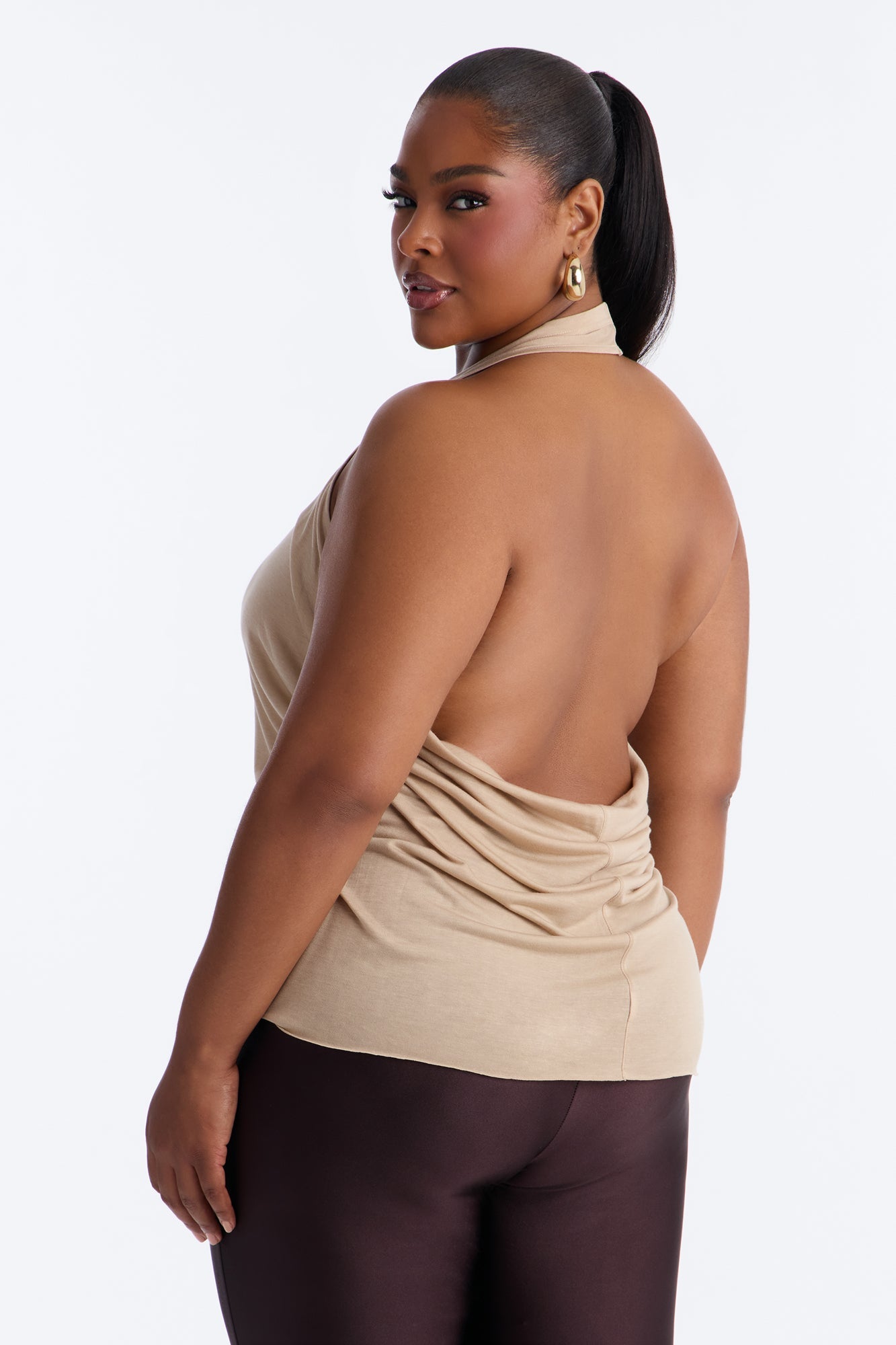 Cameron Sheer Scoop Neck Halter Top - Taupe