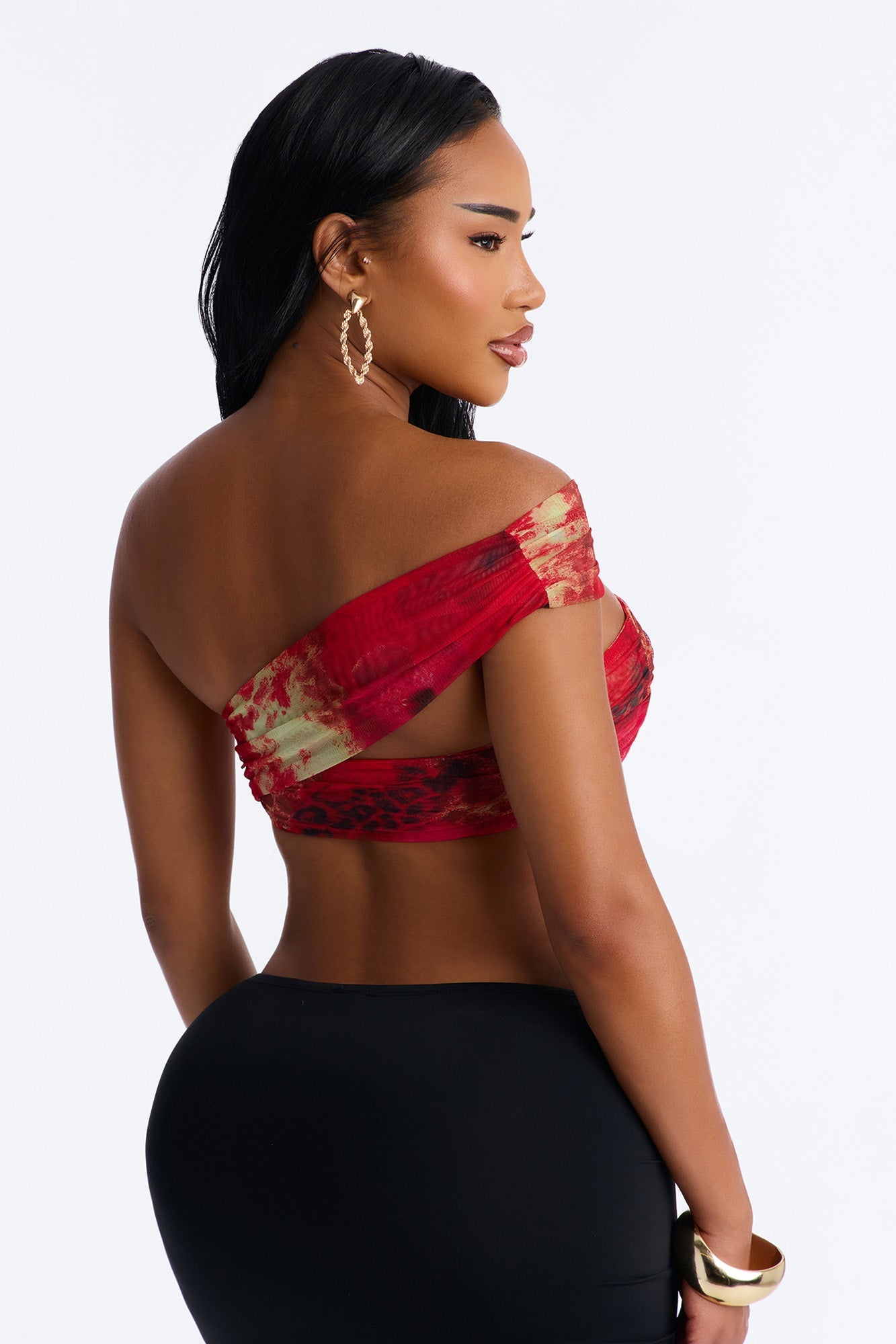 Alina Mesh Off Shoulder Ruched Cropped Top - Red/combo