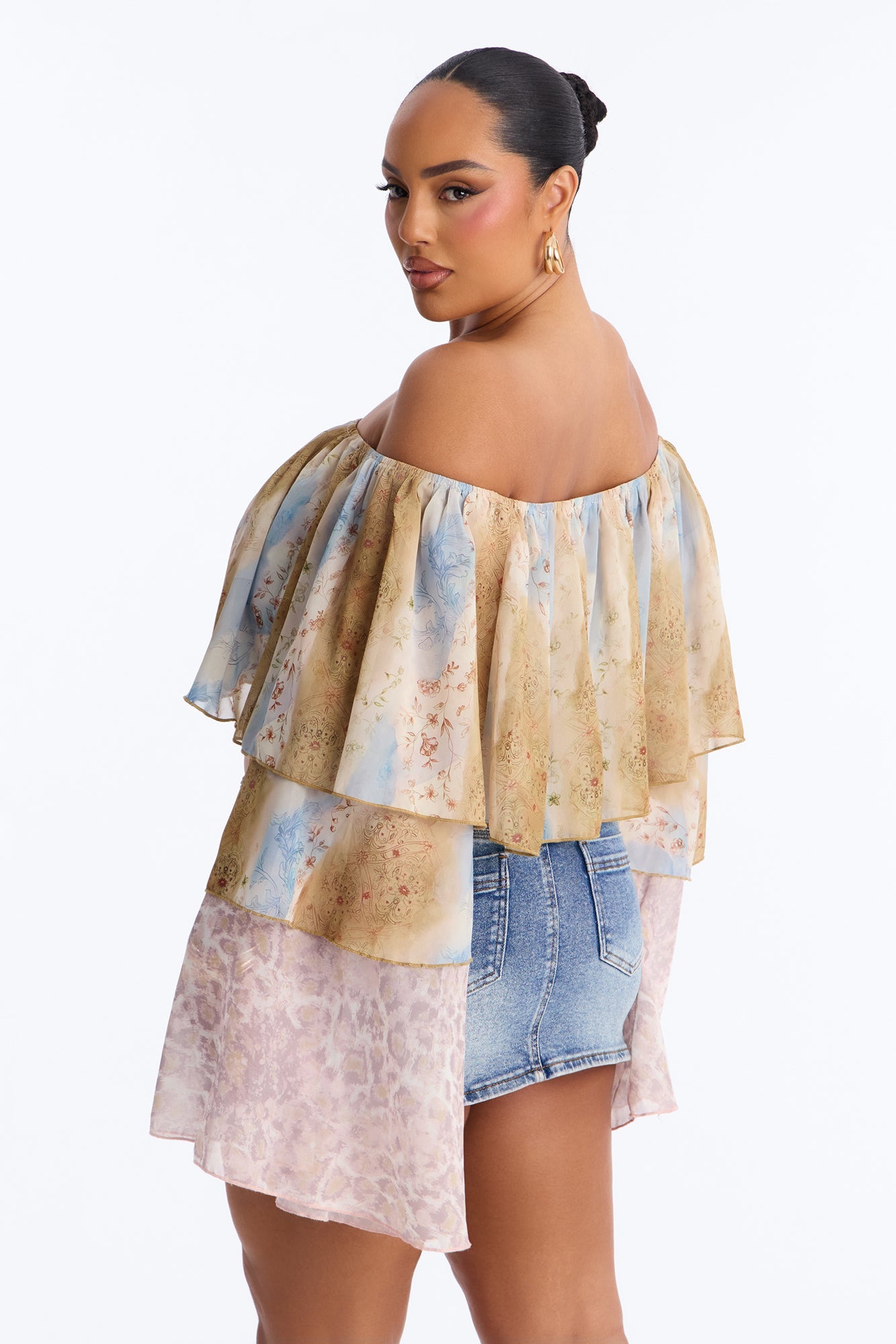 Part of The Job Ruffle Off Shoulder Chiffon Top - Multi Color