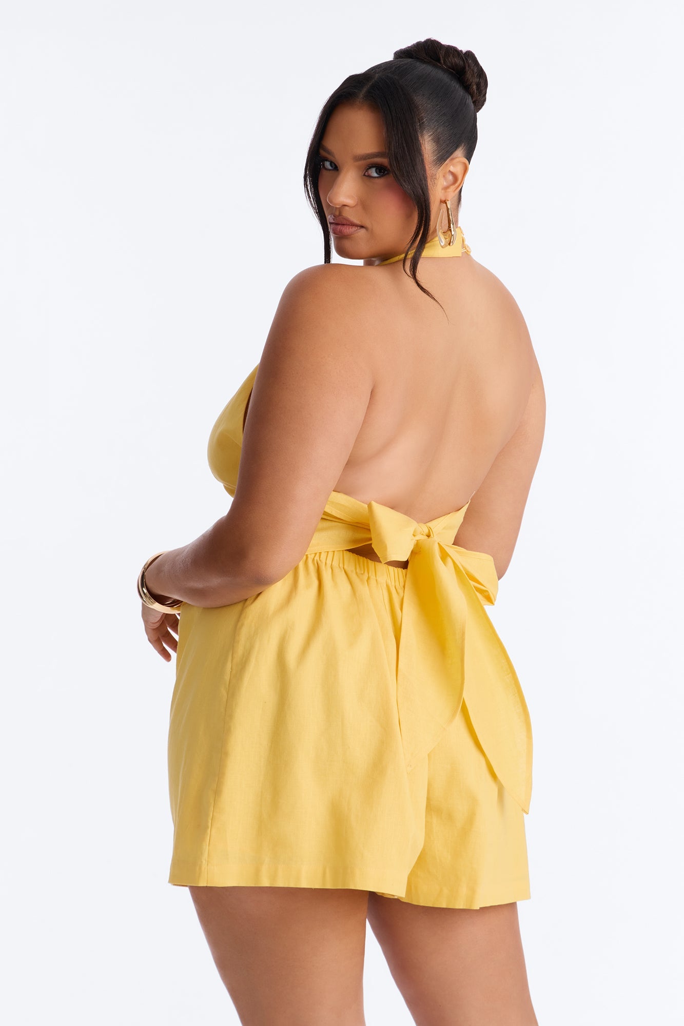 Wynn Backless Halter Romper - Yellow