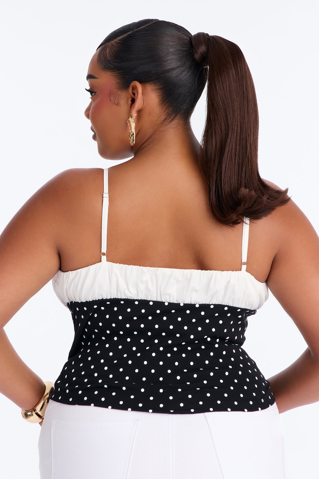 Take Care Polka Dot Ruched Sleeveless Top - Black/White