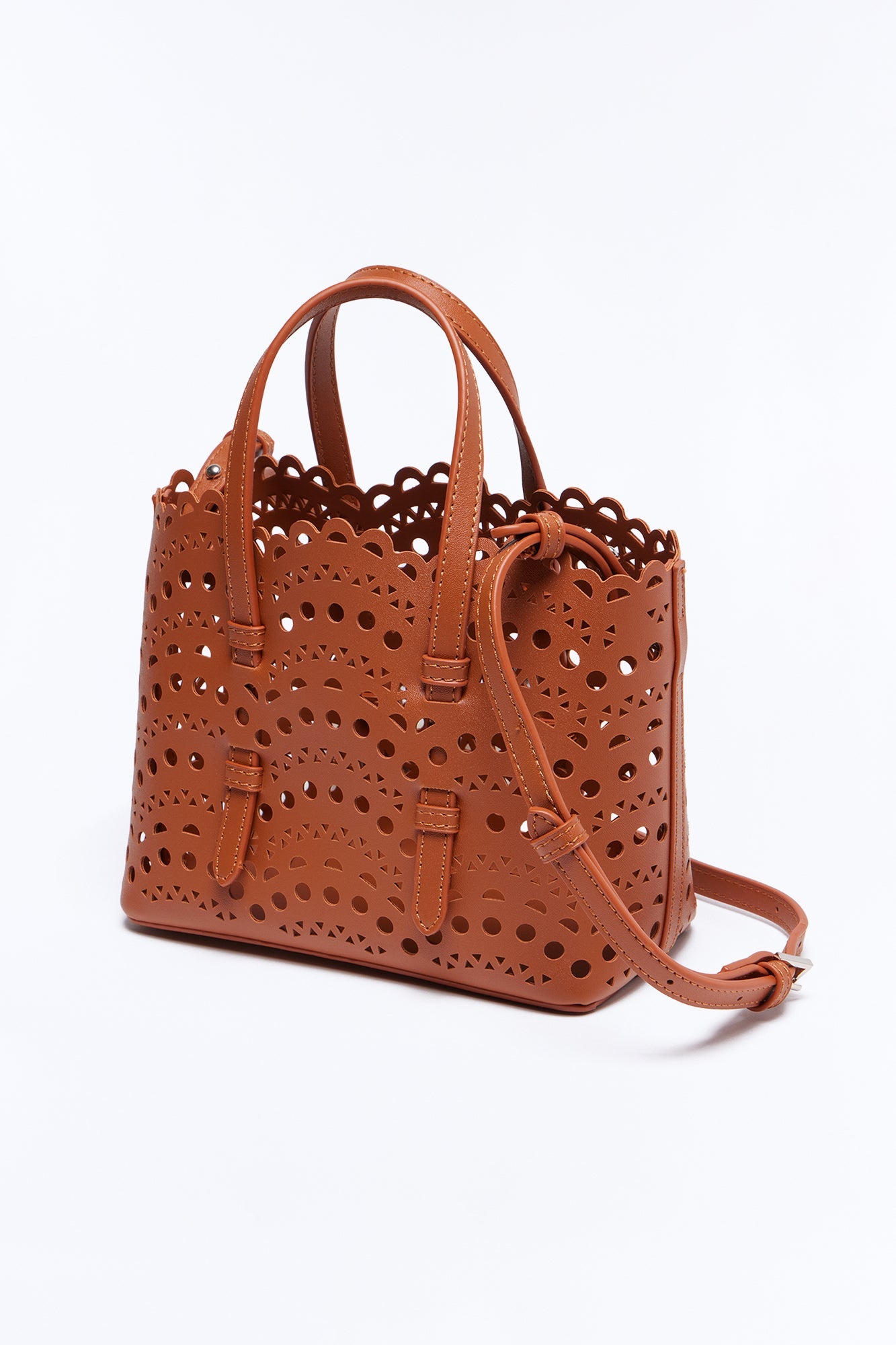 Lace On Faux Leather Crossbody Bag - Cognac