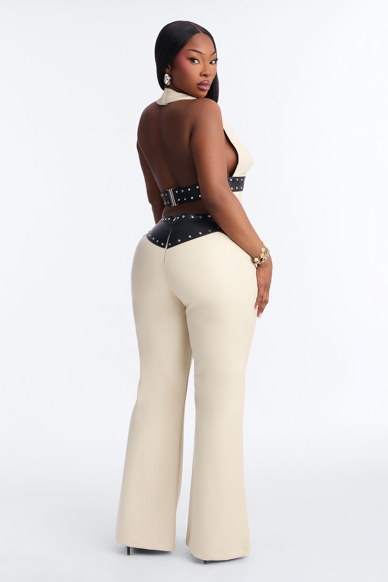 Natasha Faux Leather Studded Pant Set - Cream