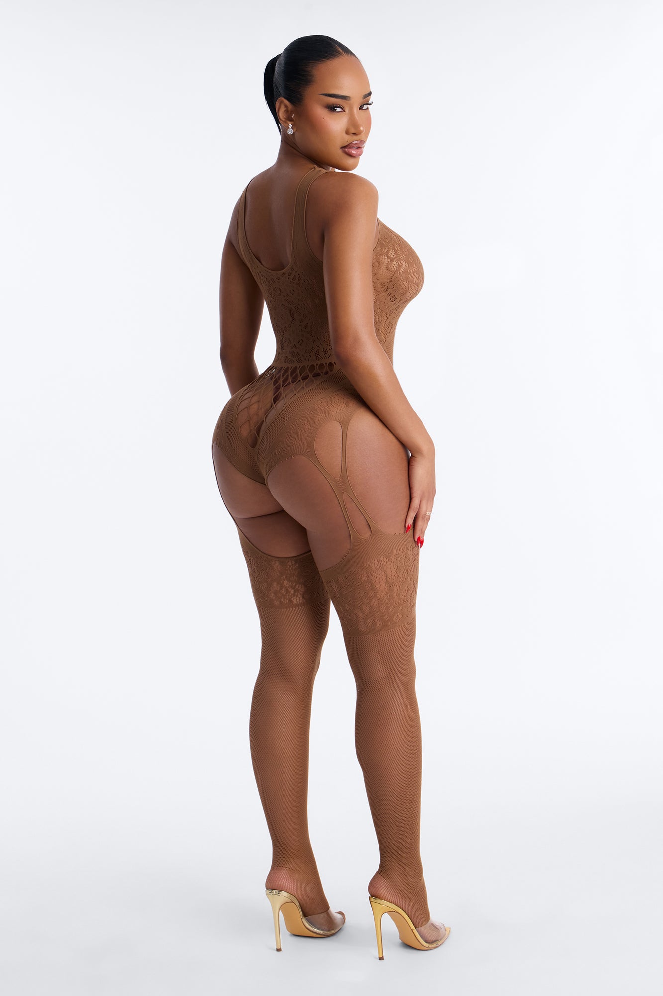 Gina Knit Crotchless Jumpsuit Bodystocking - Brown