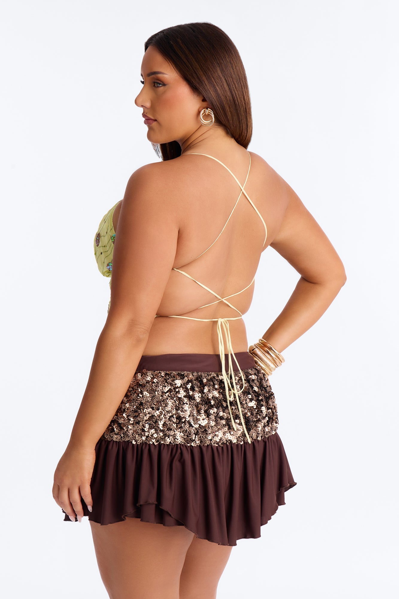 Desert Days Sequin Strappy Back Chiffon Top - Chartreuse