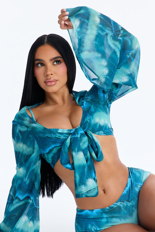 Lola 3 Piece Boyshort Bikini And Coverup - Blue/combo Fashion Nova