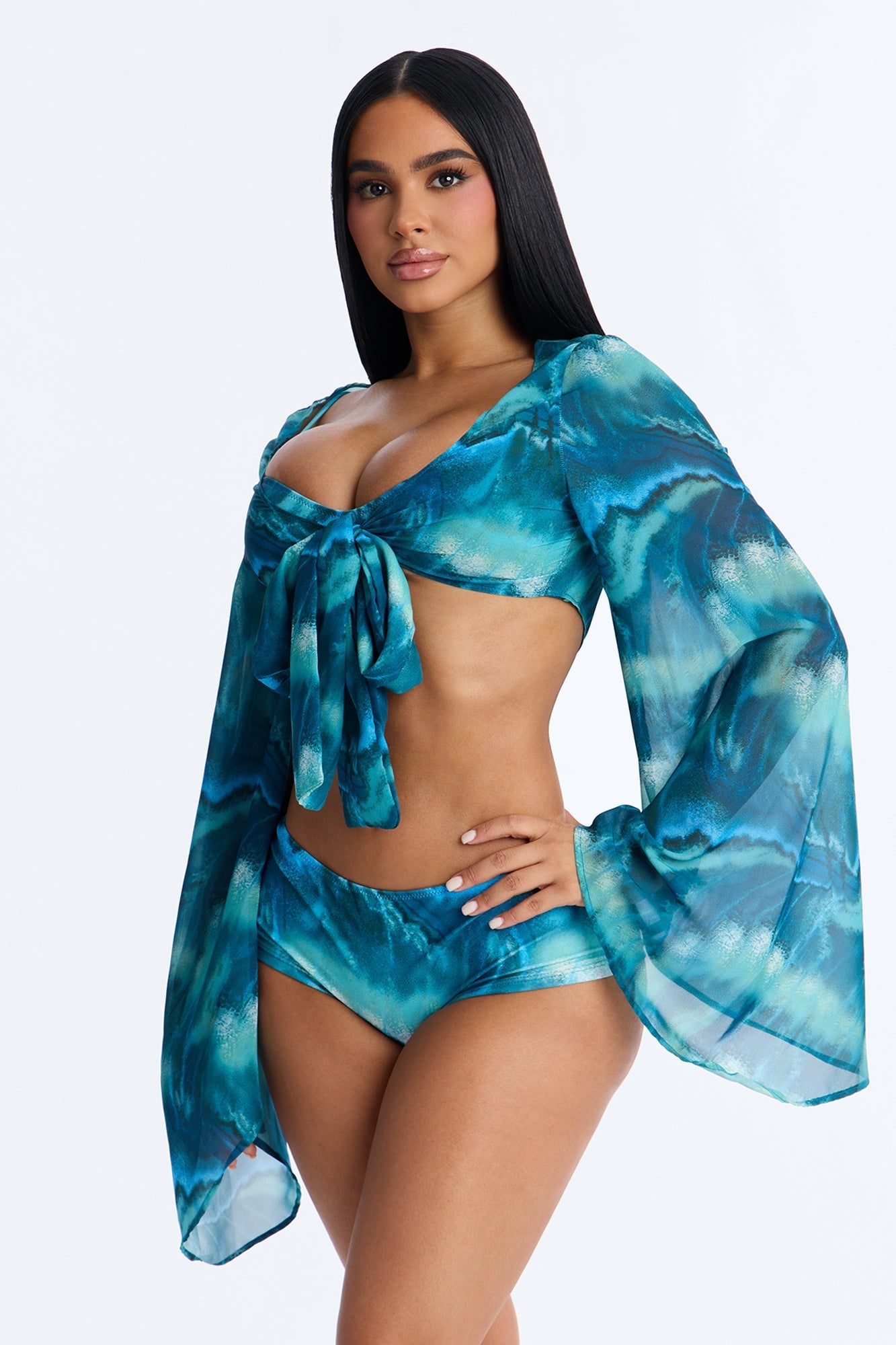 Lola 3 Piece Boyshort Bikini And Coverup - Blue/combo Fashion Nova