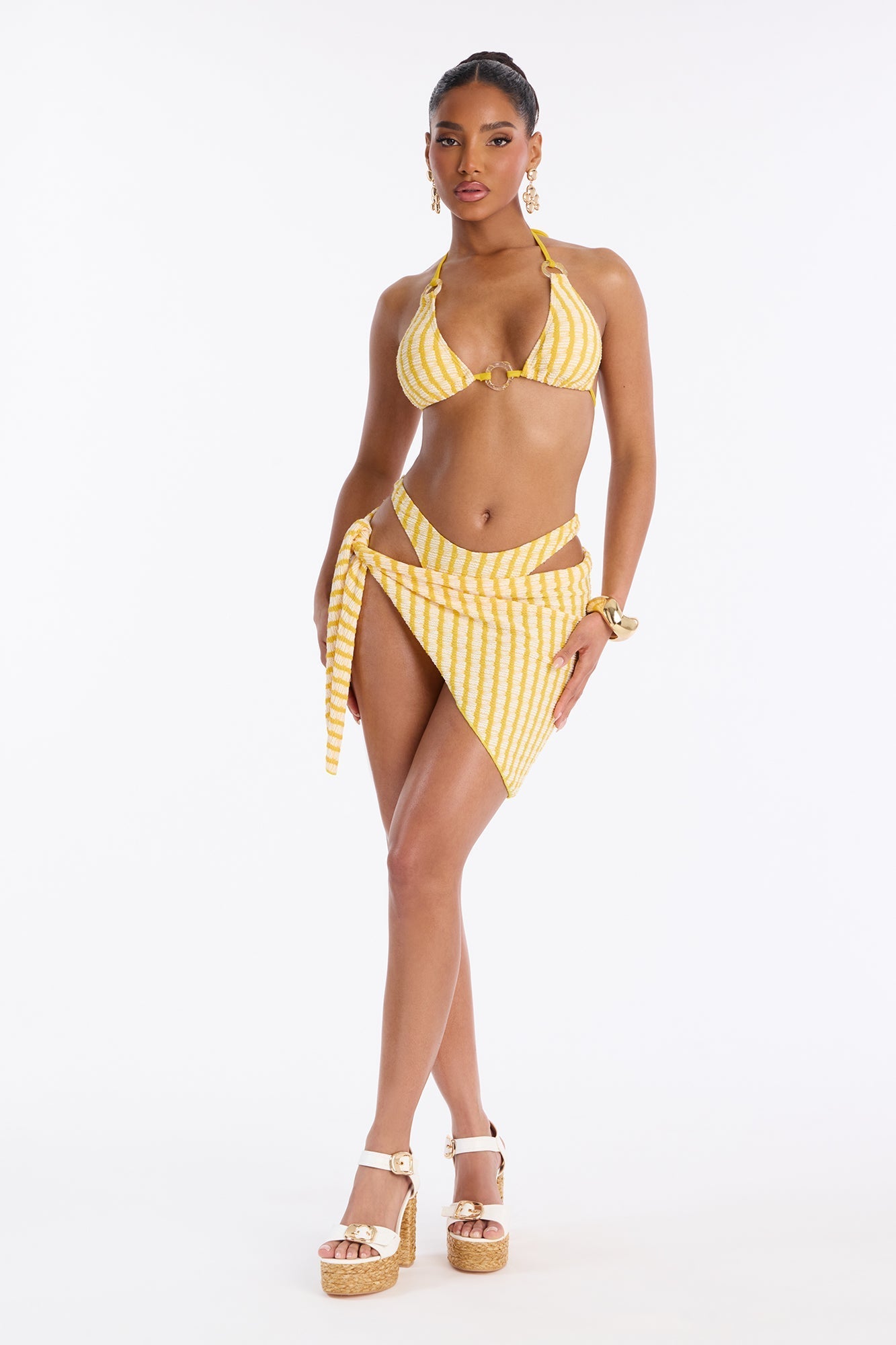 Ruby Textured Pinstripe O-Ring 3 Piece Bikini Sarong Set - Yellow/combo Fashion Nova