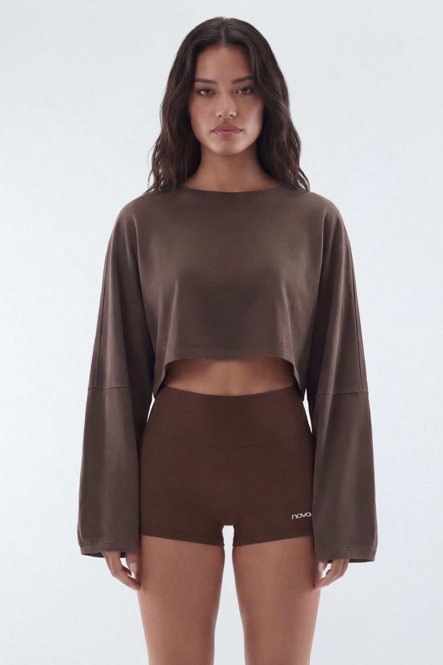 Cotton Jersey Long Sleeve Cropped Top - Brown Fashion Nova