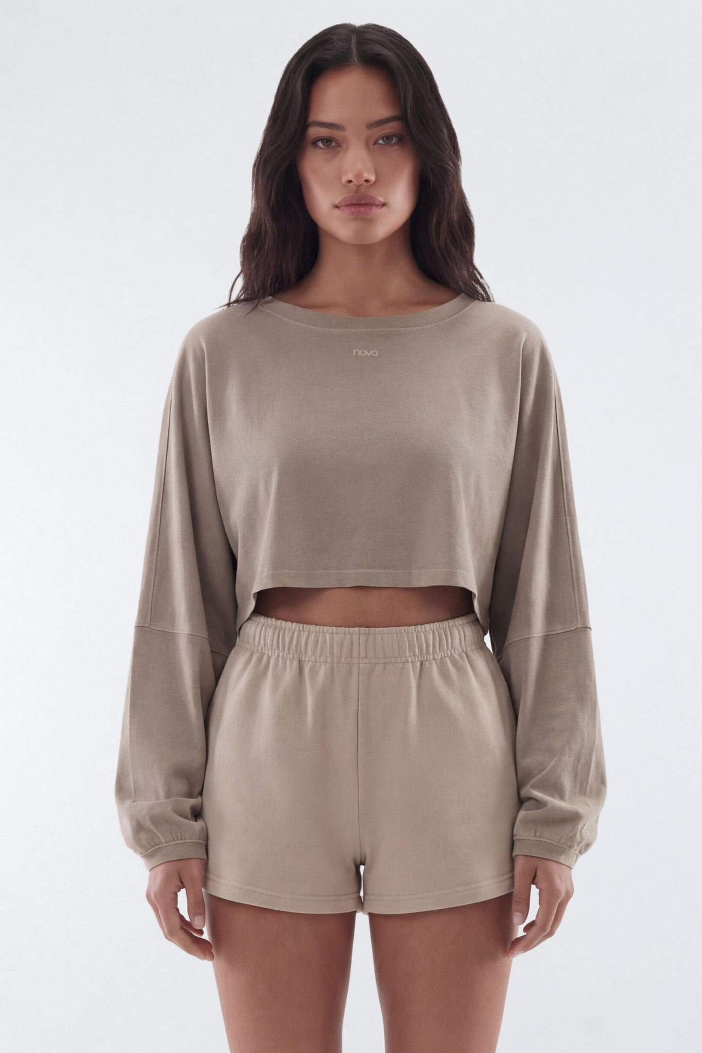 Cotton Jersey Long Sleeve Cropped Top - Taupe Fashion Nova