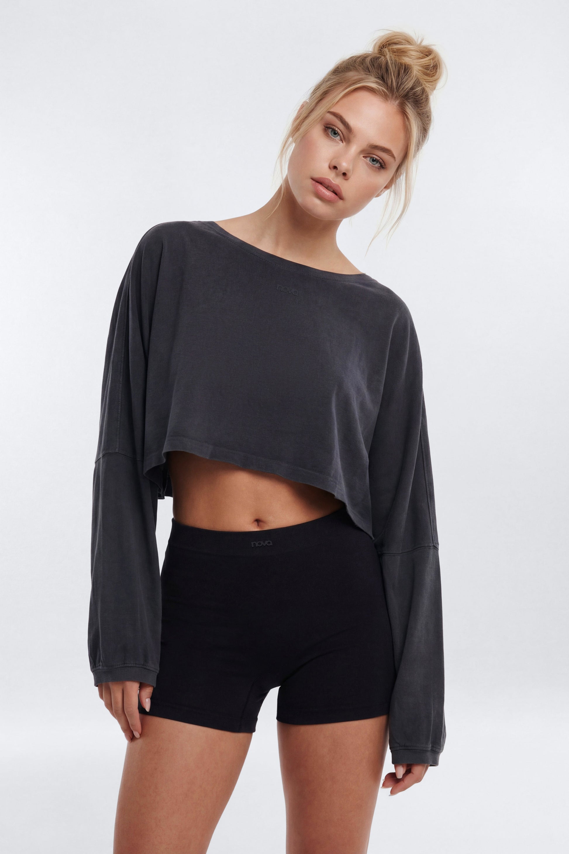 Cotton Jersey Long Sleeve Cropped Top - Charcoal Fashion Nova