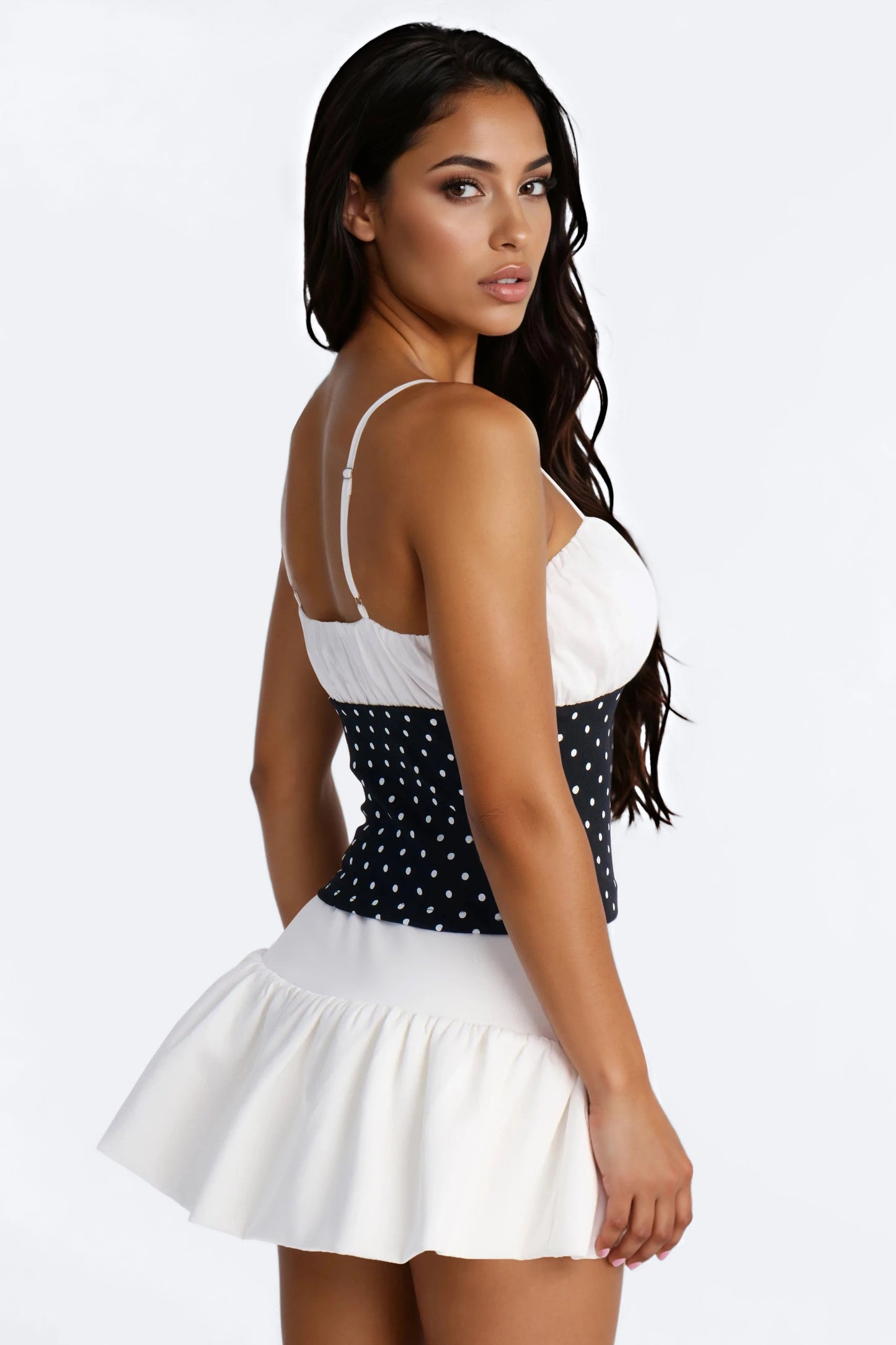 Take Care Polka Dot Ruched Sleeveless Top - Black/White