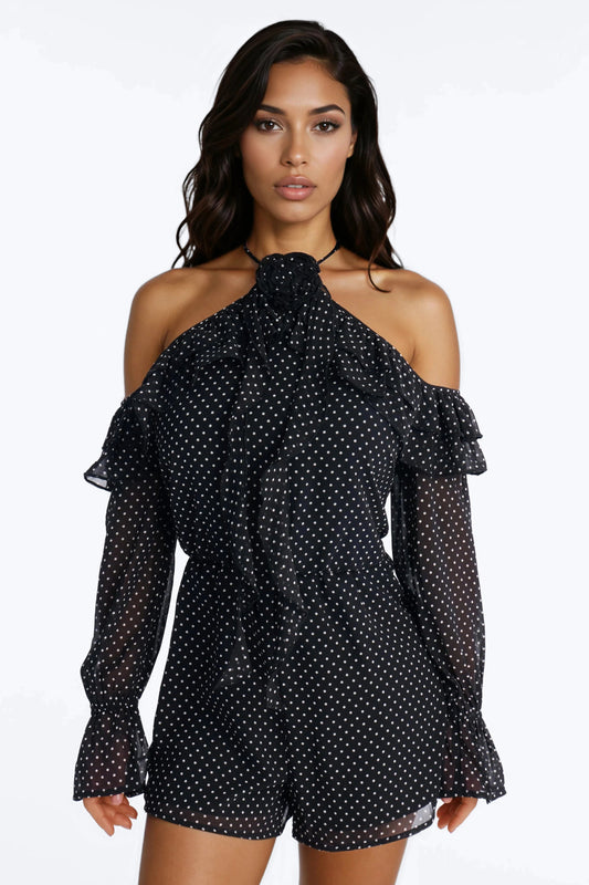 Rhia Polka Dot Chiffon Romper - Black