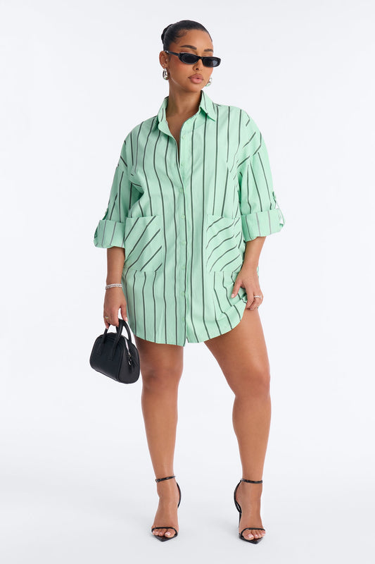 Izzy Pinstripe Shirt Micro Mini Dress - Green
