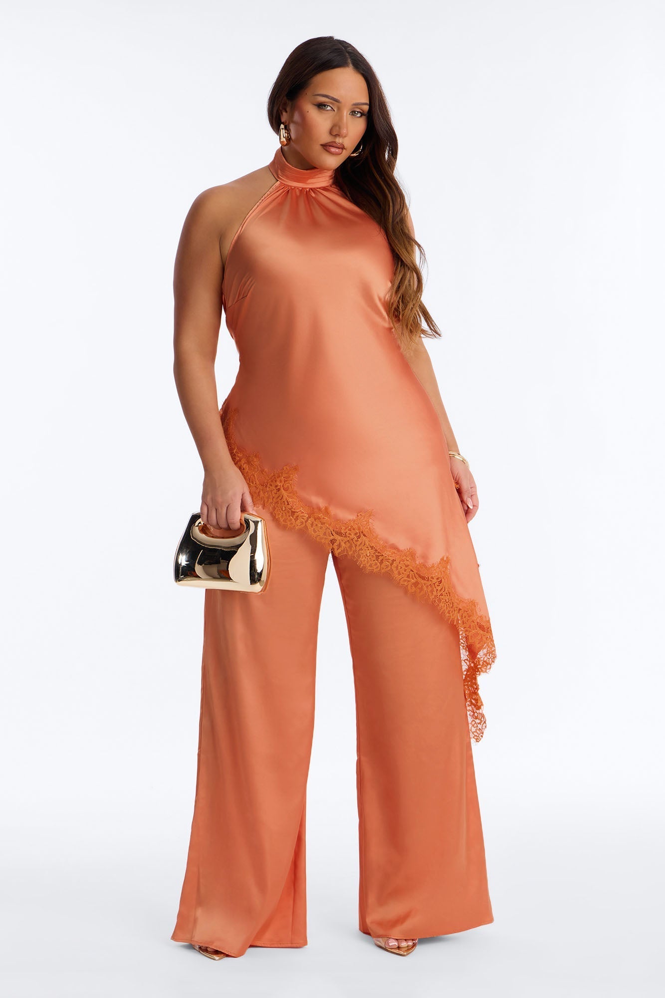 Angela Satin Lace Trim Pant Set - Orange Fashion Nova