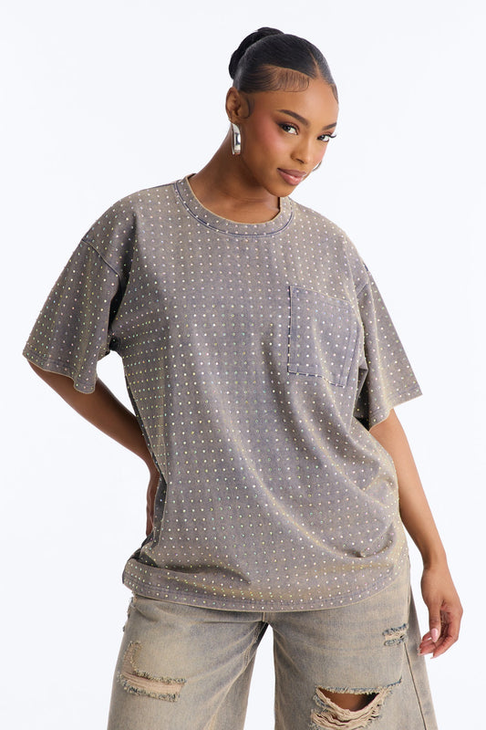 City Sparkle Rhinestone Short Sleeve Oversized T-Shirt - Charcoal