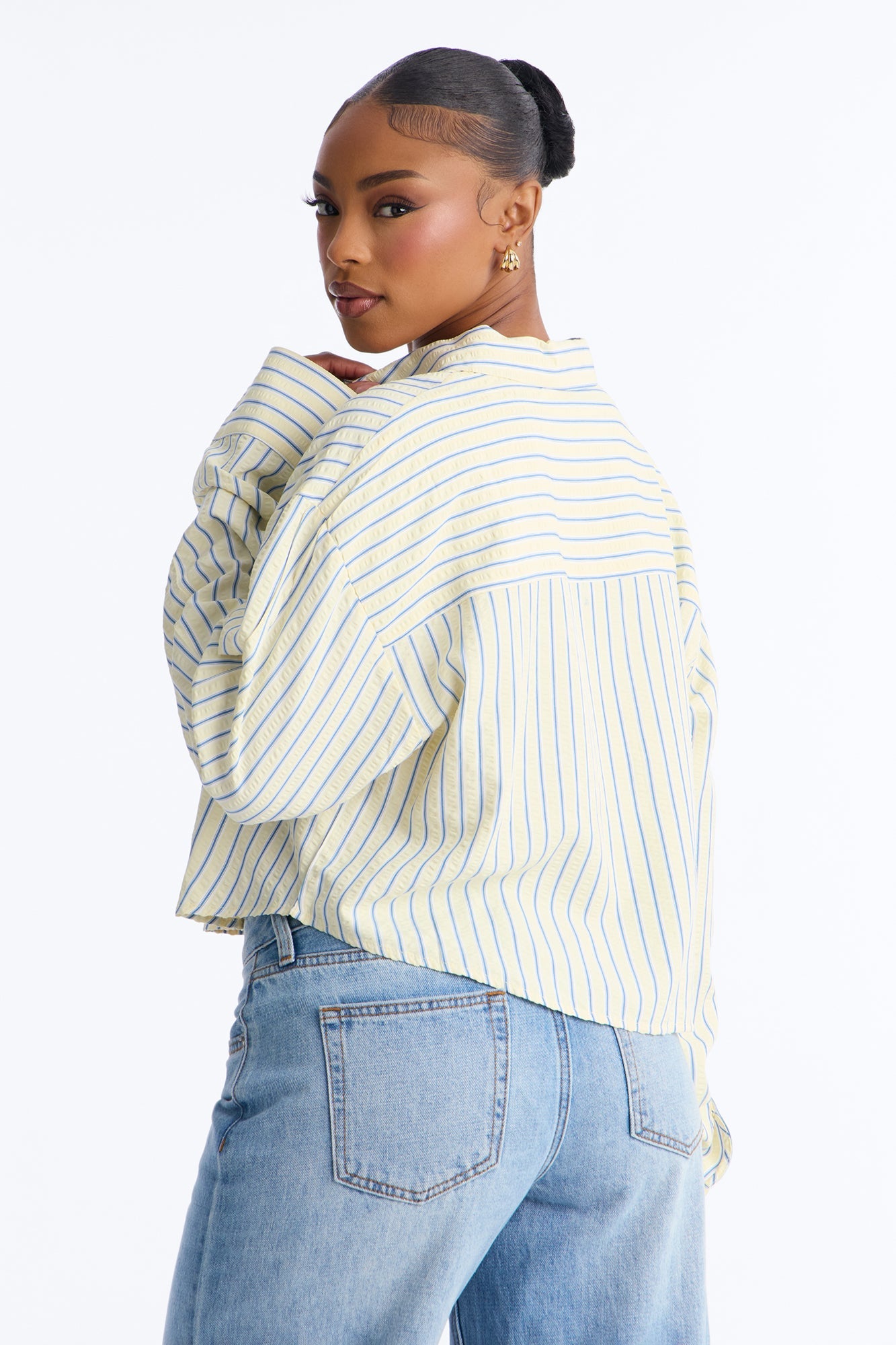 Minimal Effort Cropped Pinstripe Shirt - Butter Yellow