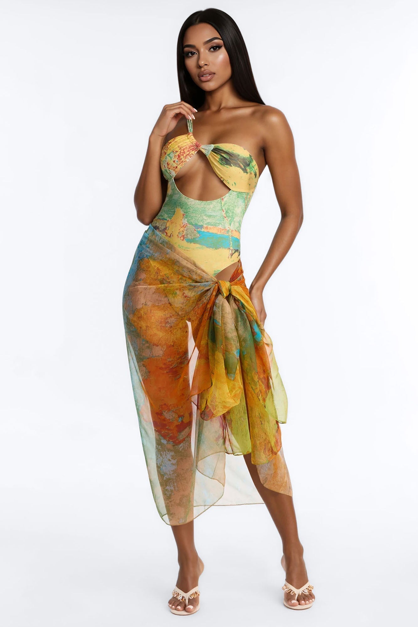 Areli Abstract One shoulder Cut Out 1 Piece Swimsuit & Sarong Set - Green/combo Fashion Nova