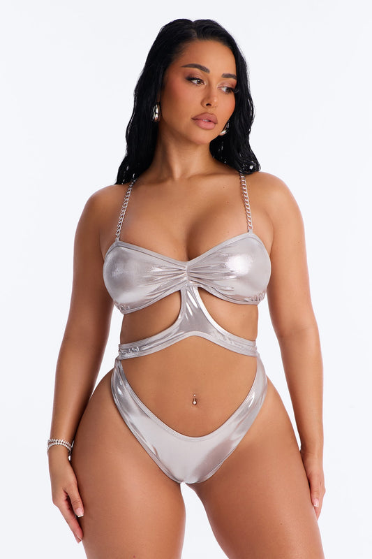 Ocean Breeze Metallic Cut Out 1 Piece Swimsuit - Silver Fashion Nova