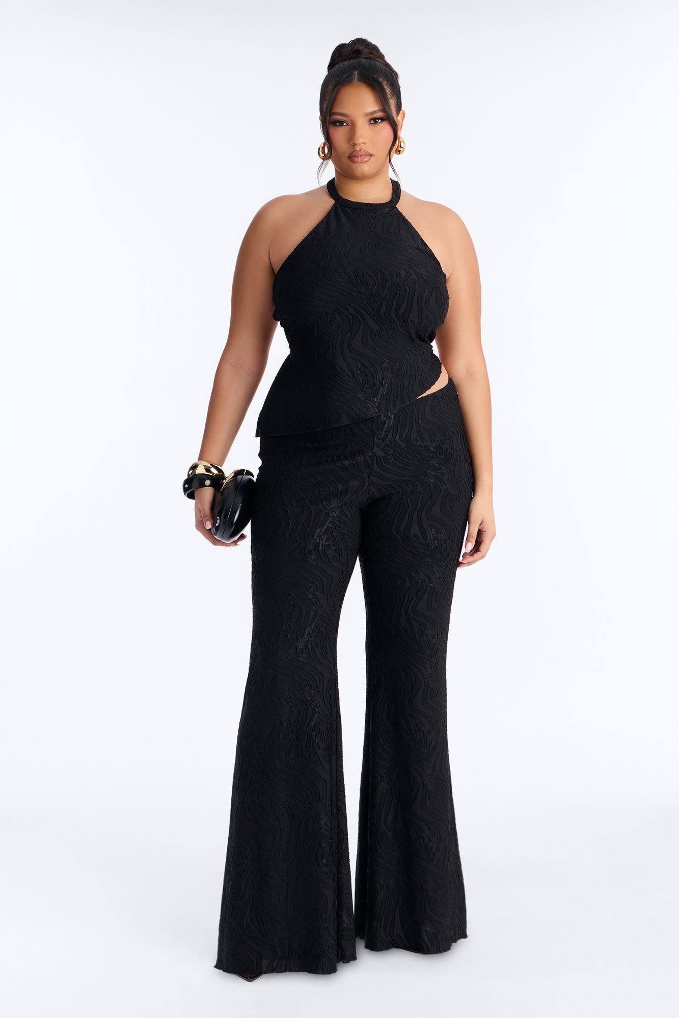 So In Love Textured Halter Flare Pant Set - Black Fashion Nova