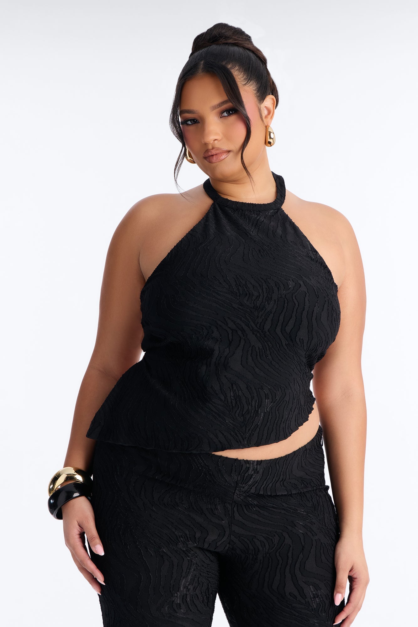 So In Love Textured Halter Flare Pant Set - Black Fashion Nova