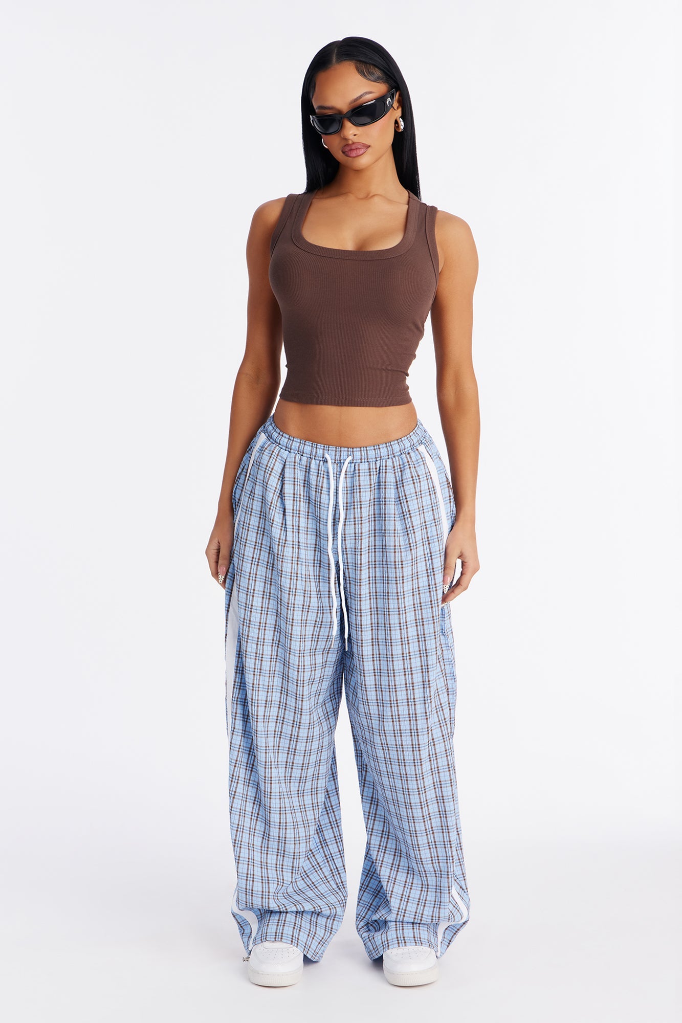 Kori Mid Rise Plaid Wide Leg Pant 31″ - Blue/combo