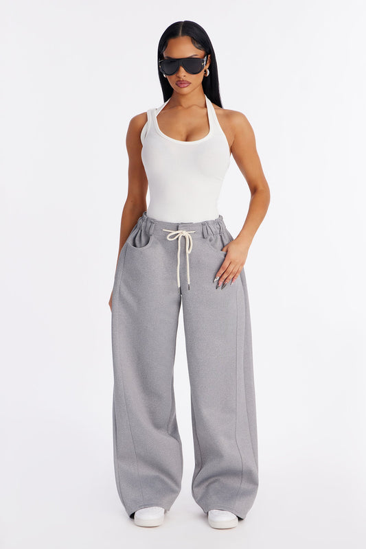 Don't Get Too Comfortable Low Rise Wide Leg Scuba Pant - Heather Grey