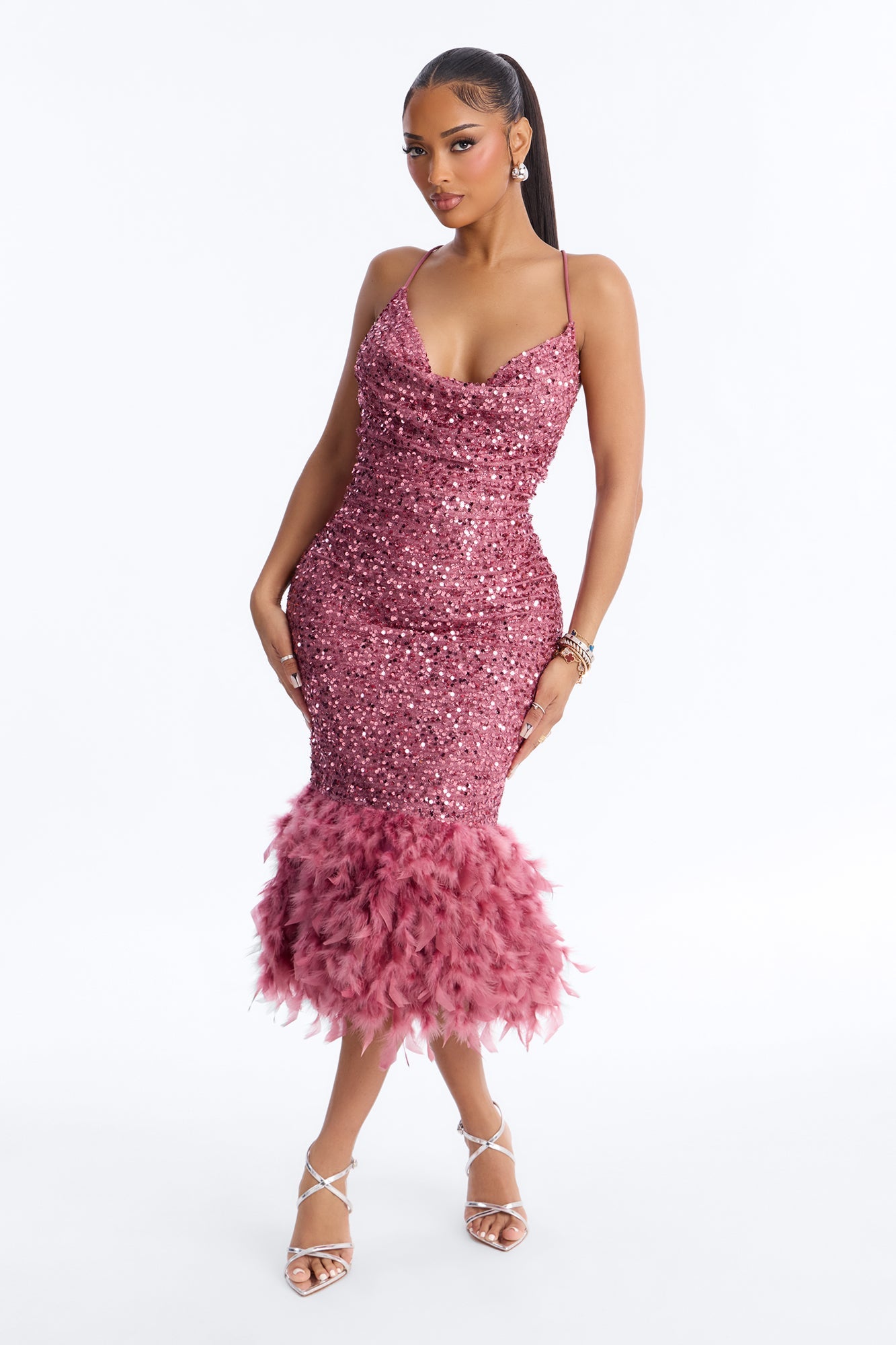 Zoey Feathered Sequin Midi Dress - Mauve