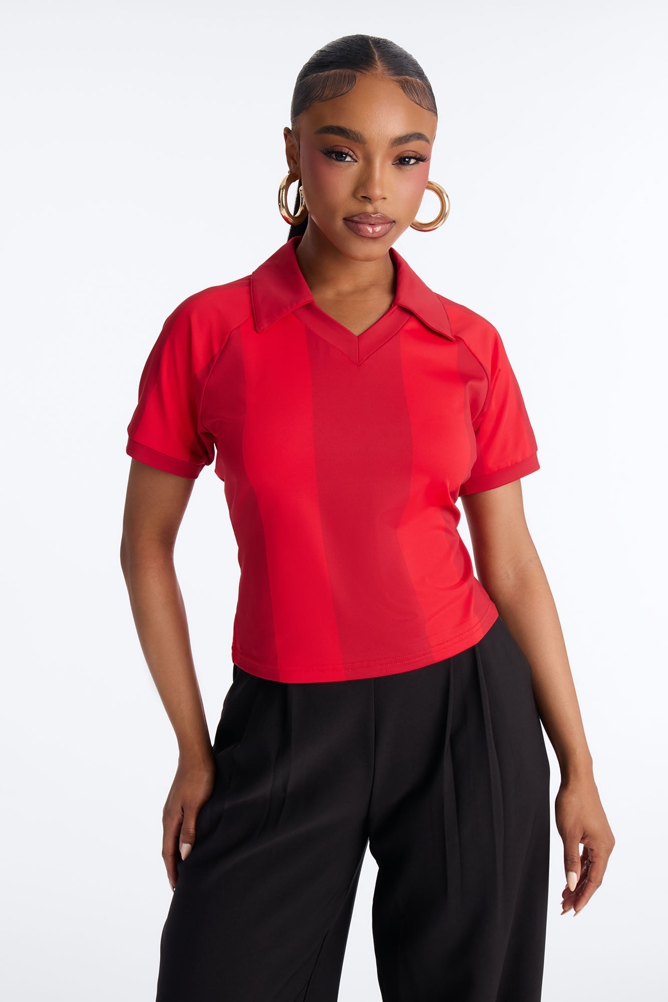 Street Uniform Striped Short Sleeve Polo Jersey Top - Red/combo Fashion Nova