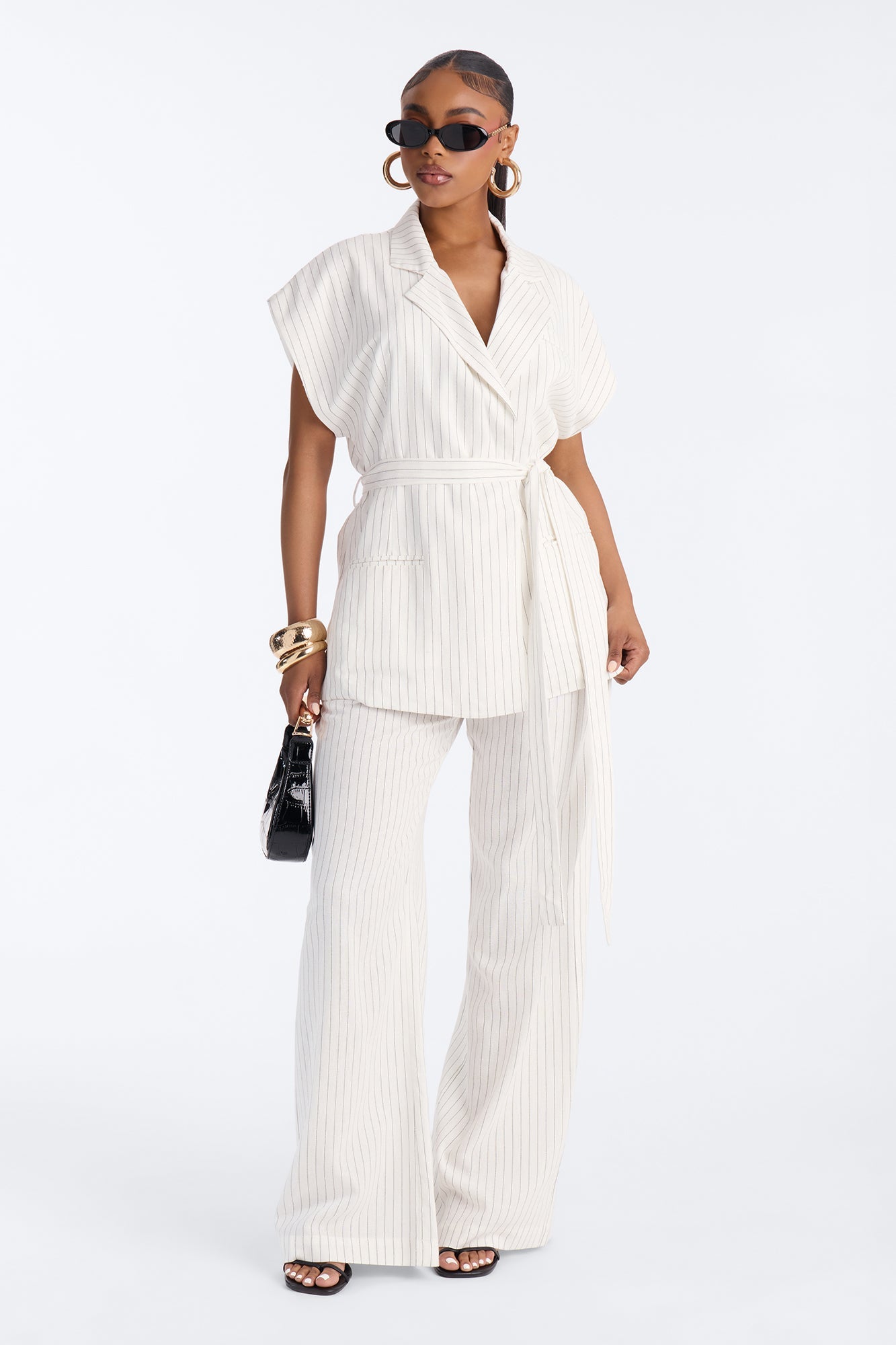 Juno Pinstripe Short Sleeve Tie Waist Linen Blazer - Ivory/combo