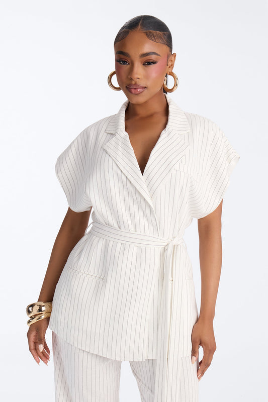 Juno Pinstripe Short Sleeve Tie Waist Linen Blazer - Ivory/combo